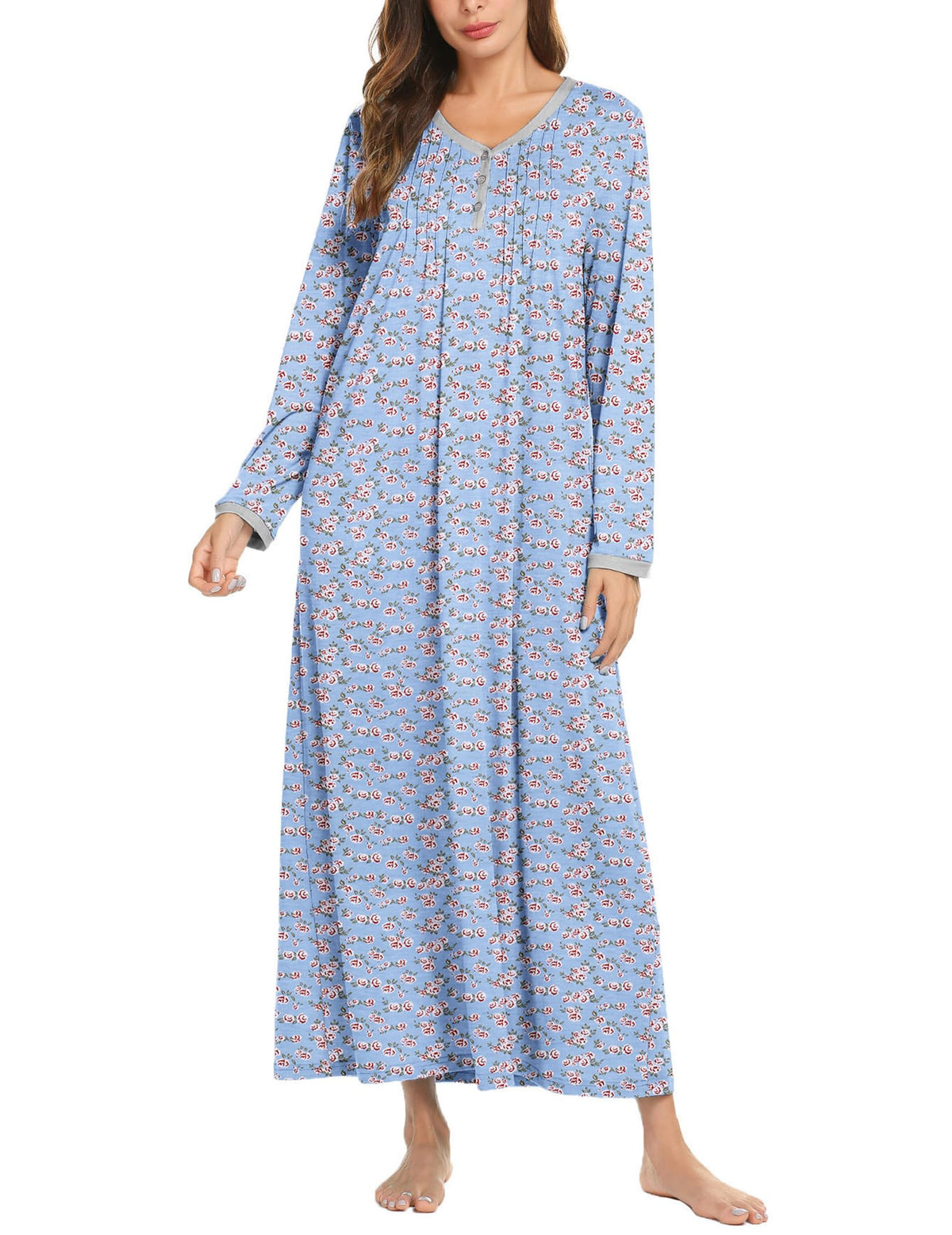 Ekouaer Women's Long Sleeve Nightgown Full Length Sleepwear Long Sleepshirts Henley Sleep Dress