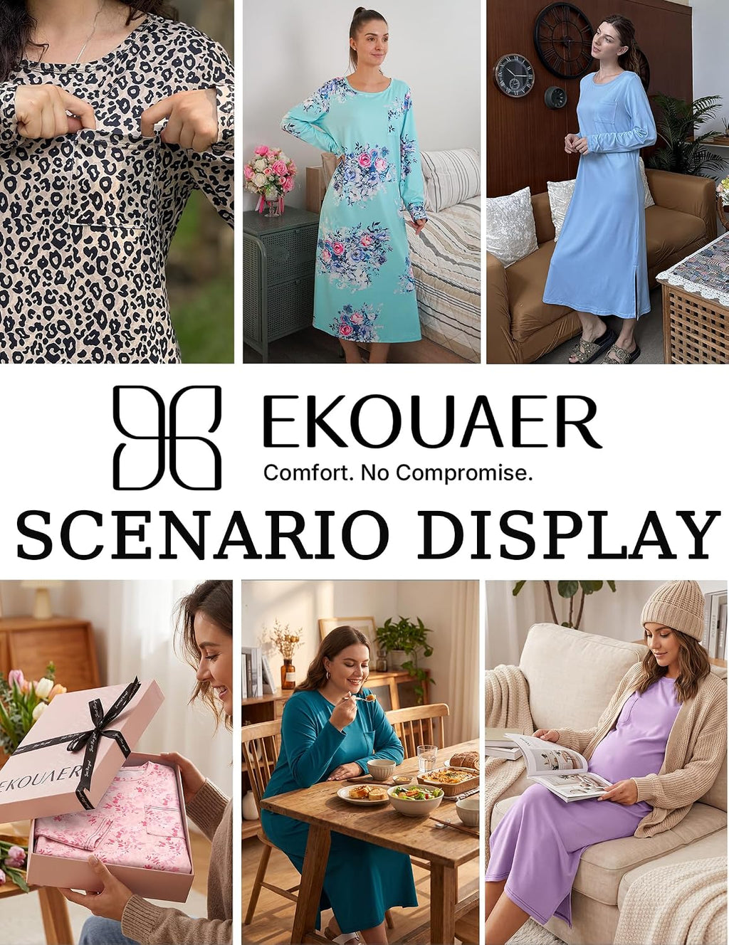 Ekouaer 3 Pack Long Sleeve Full Length Chest Pocket Nightgowns for Women
