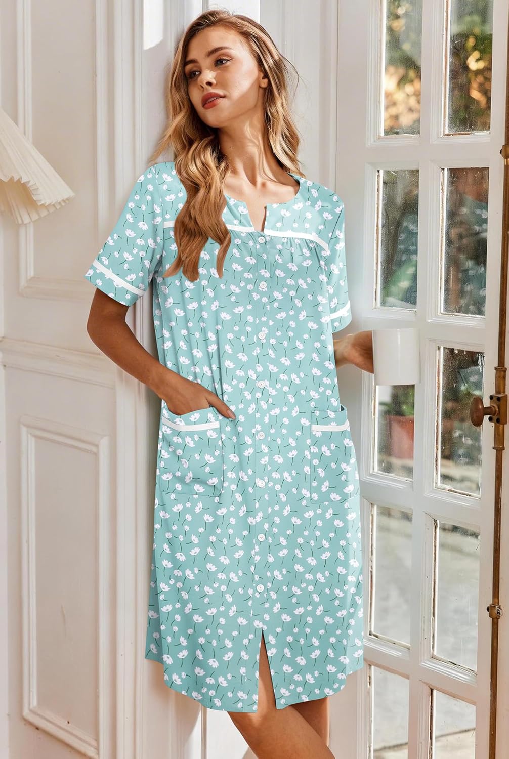 Ekouaer Nightgowns for Women House Dress with Pockets Button Down Sleepshirt Short Sleeve Nightshirt Housecoat