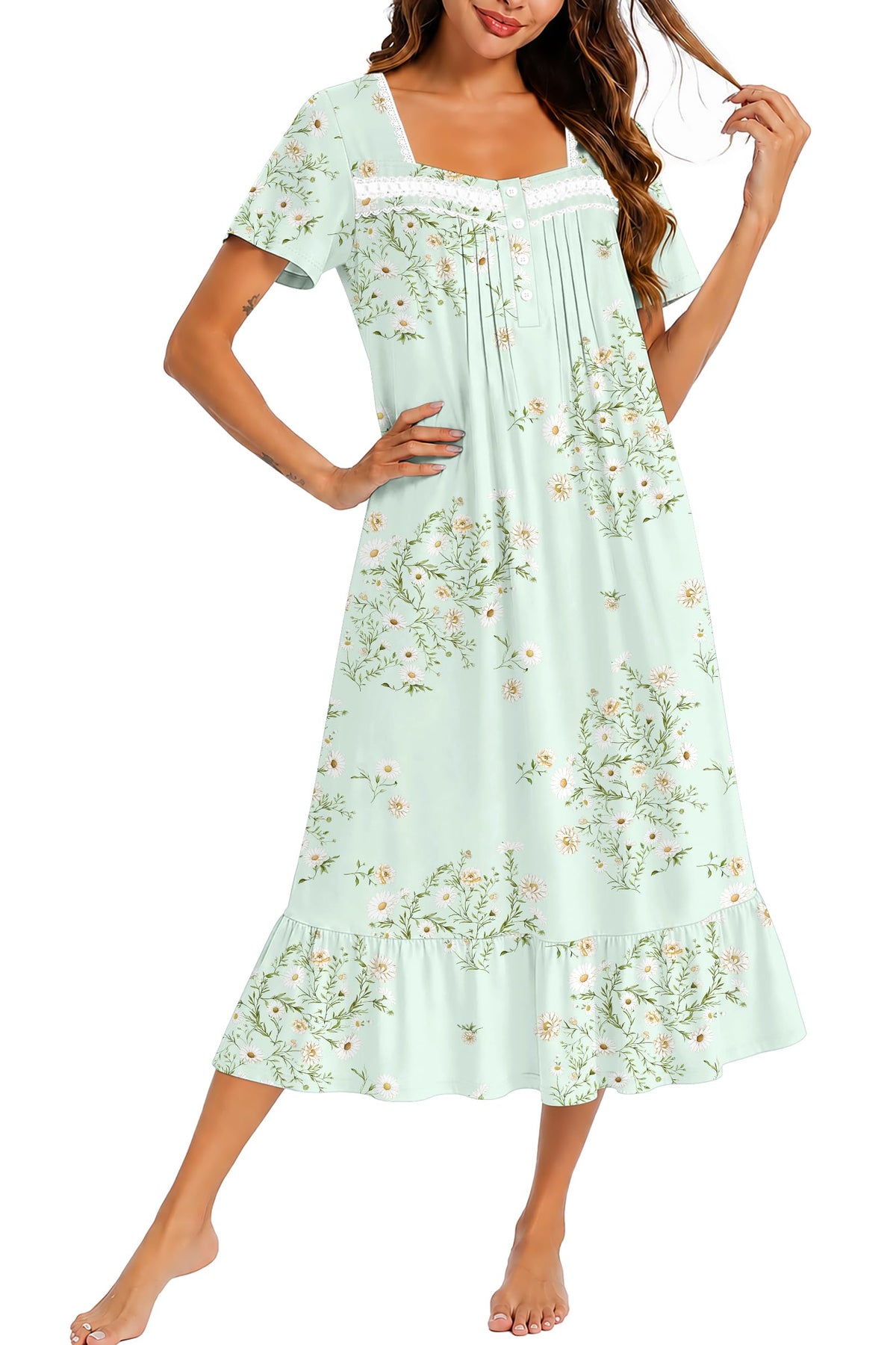 Ekouaer Cotton Long Nightgowns for Women Short Sleeve Button House Dress