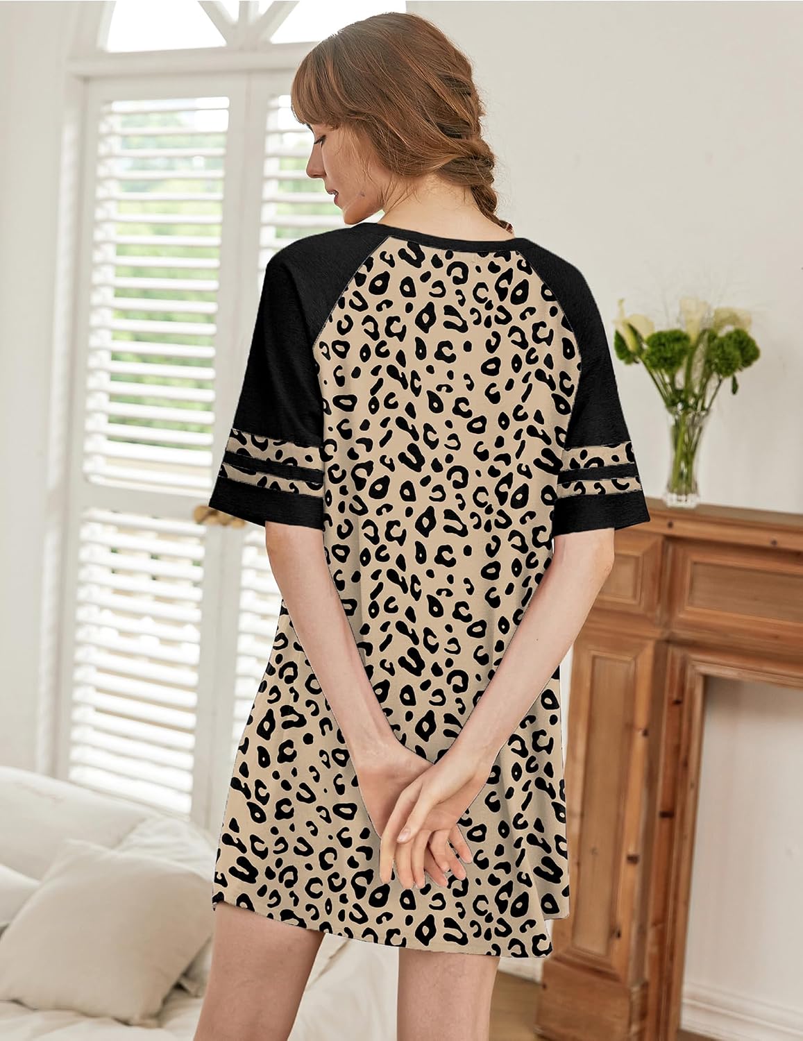 Ekouaer Nightgowns for Women Color Block Sleep Shirt Short Sleeve Sleepwear