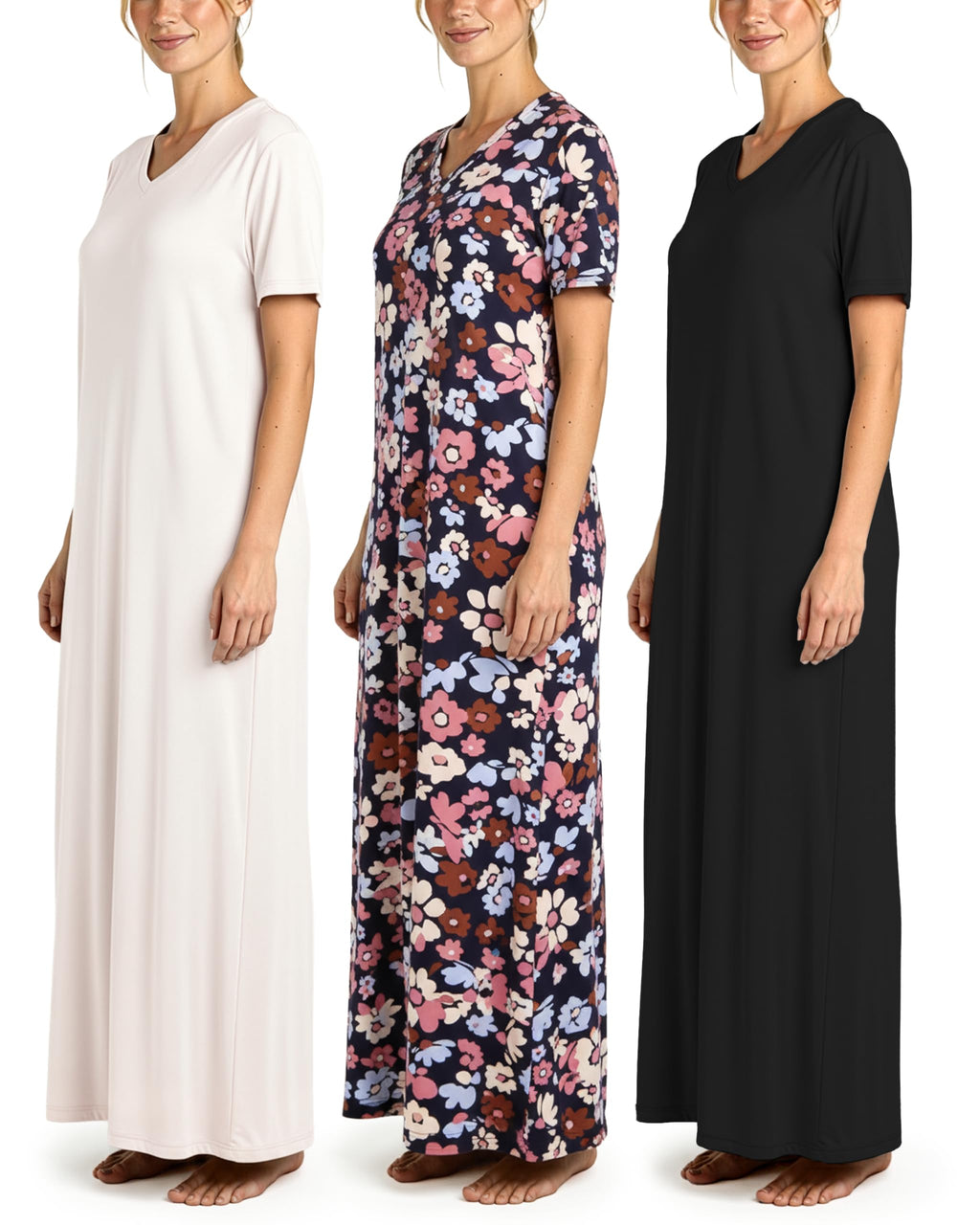 3 Pack Women's Maxi Long Nightgowns Short Sleeve Night Shirt PJ Sleep Dress