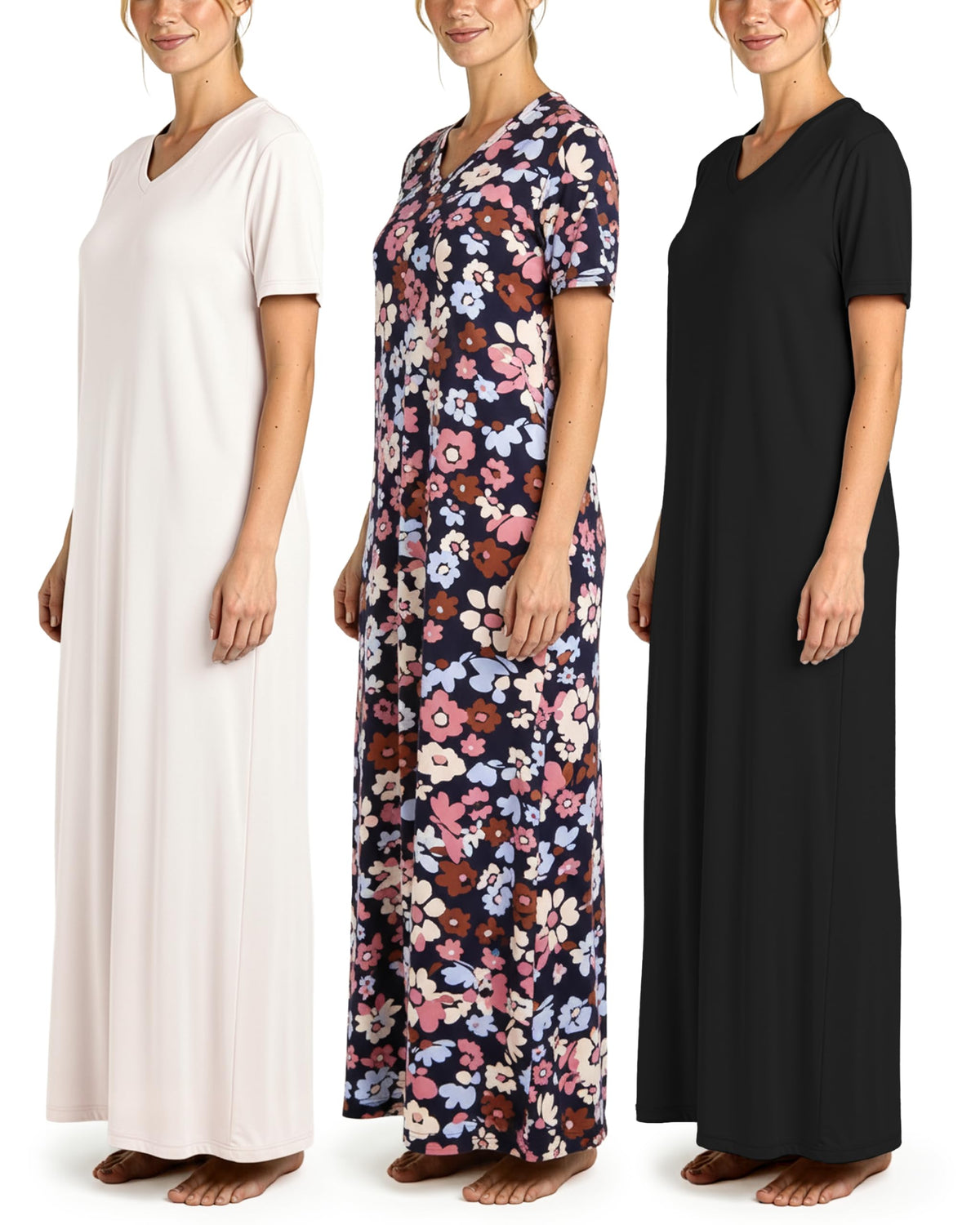 3 Pack Women's Maxi Long Nightgowns Short Sleeve Night Shirt PJ Sleep Dress