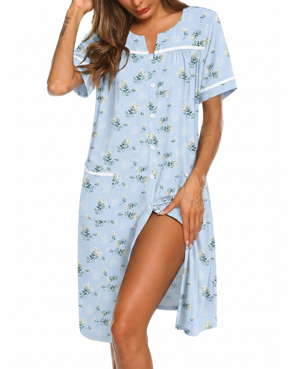 Ekouaer Nightgowns for Women House Dress with Pockets Button Down Sleepshirt Short Sleeve Nightshirt Housecoat