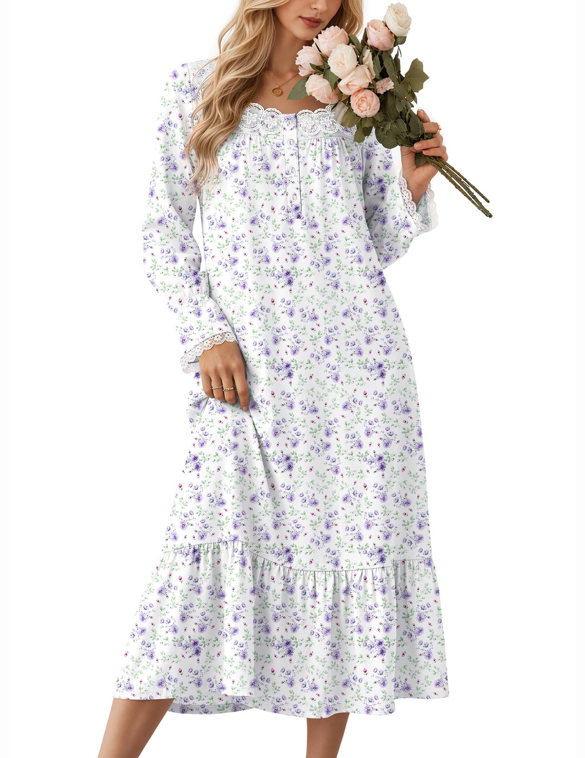 Ekouaer Cotton Nightgowns for Women Long Sleeve Night Gown Lace Sleepwear