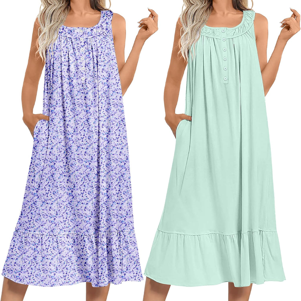 Ekouaer 2 Pack Nightgowns for Women Sleeveless Long Night Gowns Victorian Nightdress with Pockets Soft Ladies Gown