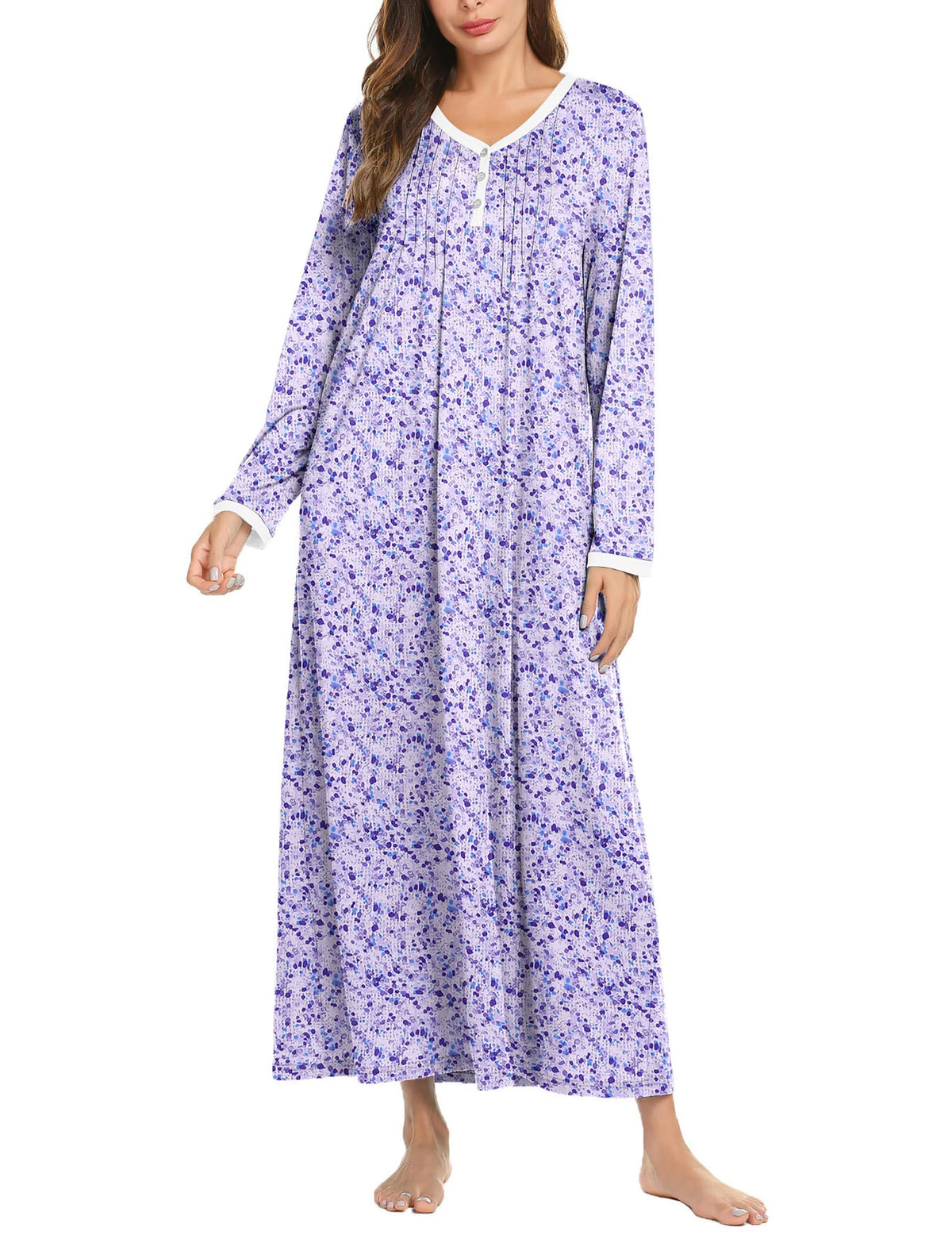 Ekouaer Women's Long Sleeve Nightgown Full Length Sleepwear Long Sleepshirts Henley Sleep Dress
