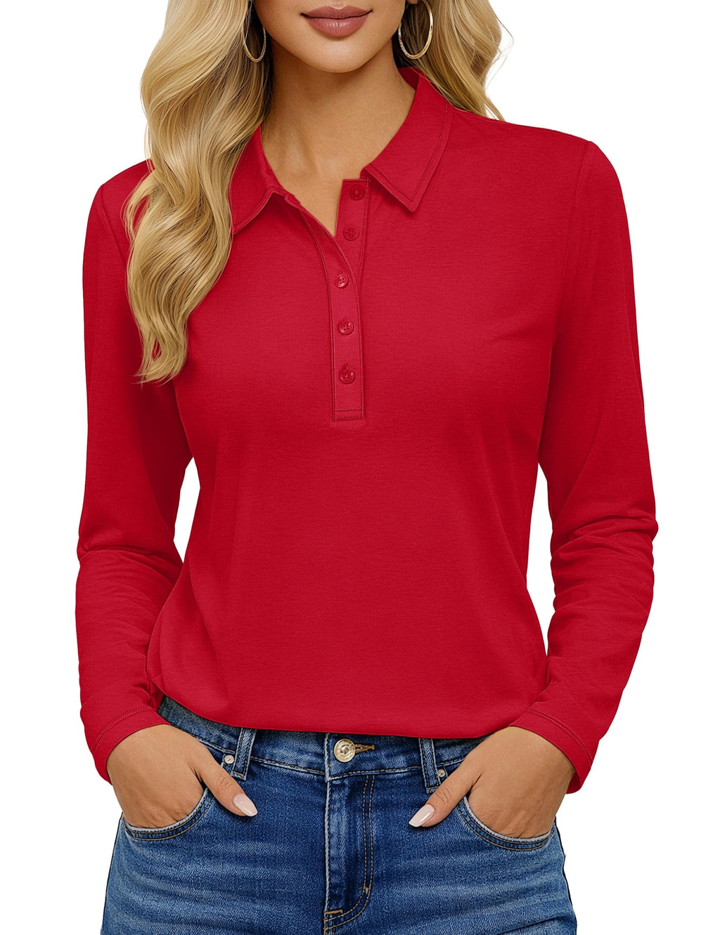 YUCOLEN Long Sleeve Polo Shirts for Women 5-Button Collared Golf Tops