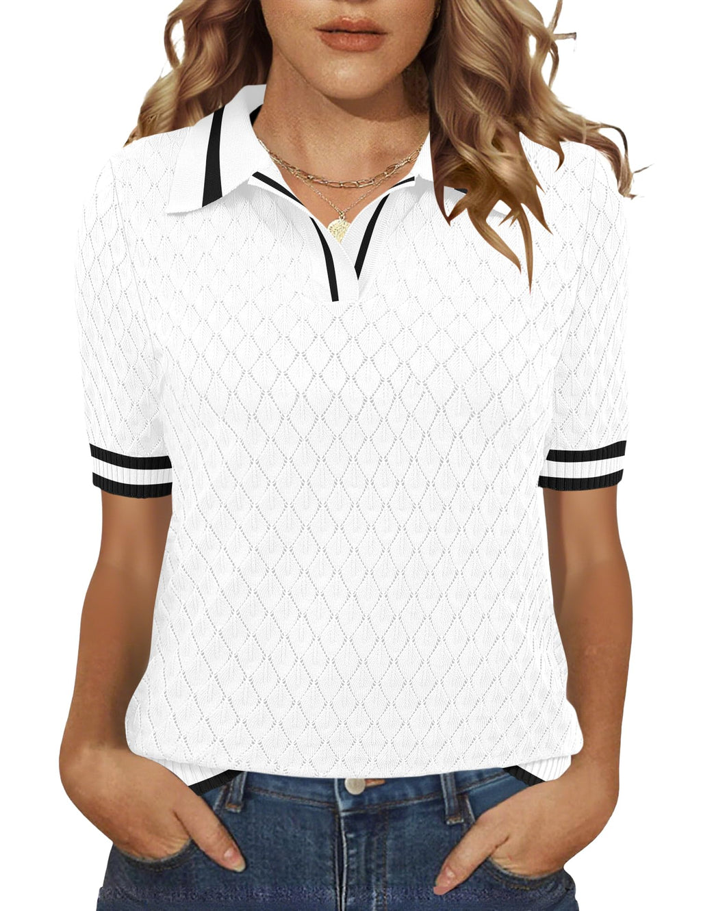 Rapbin Womens Short Sleeve Knit Polo Shirts Summer Spring Sweater Tops