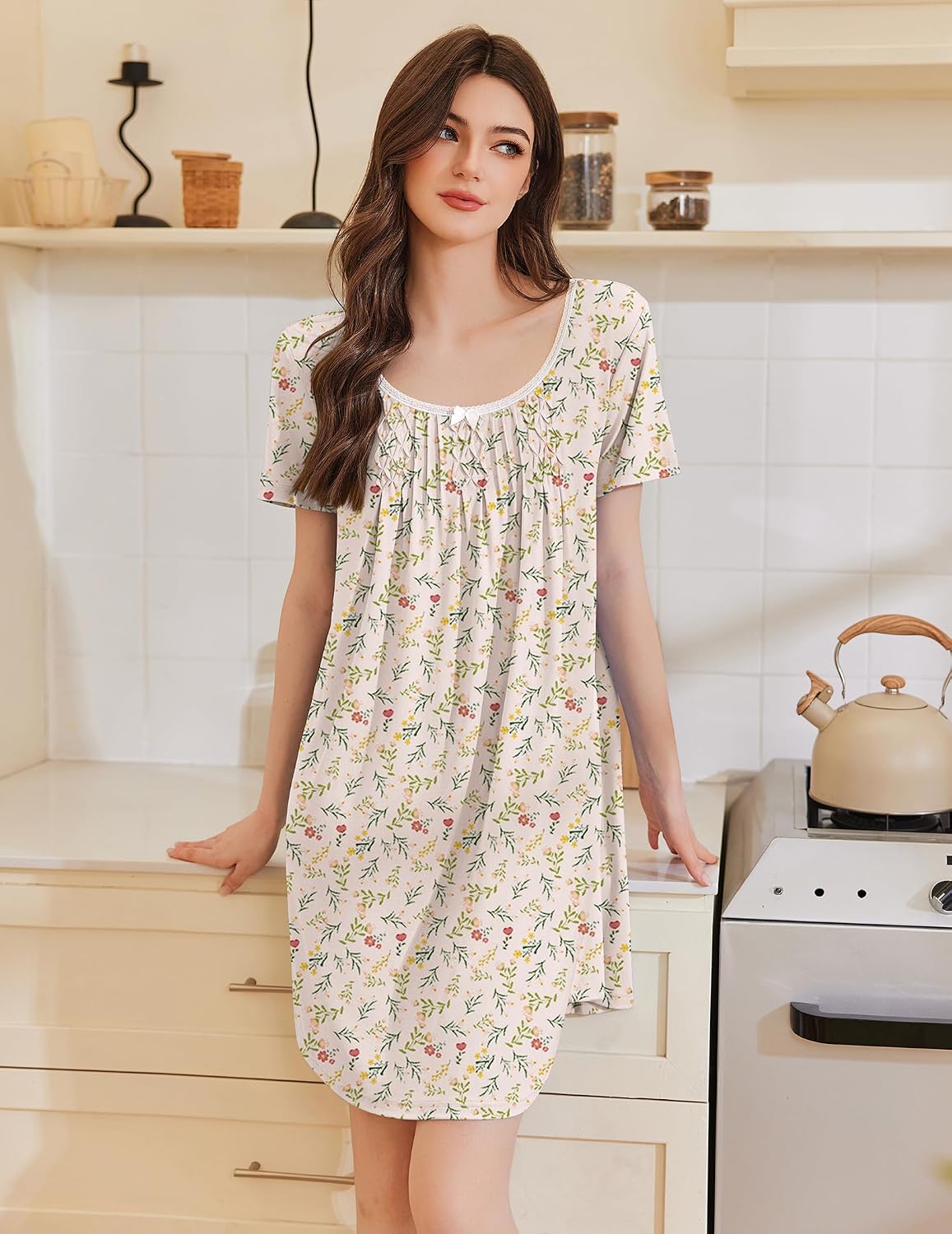 Ekouaer Nightgowns for Women Pleated Sleep Shirts Short Sleeve Night Shirts