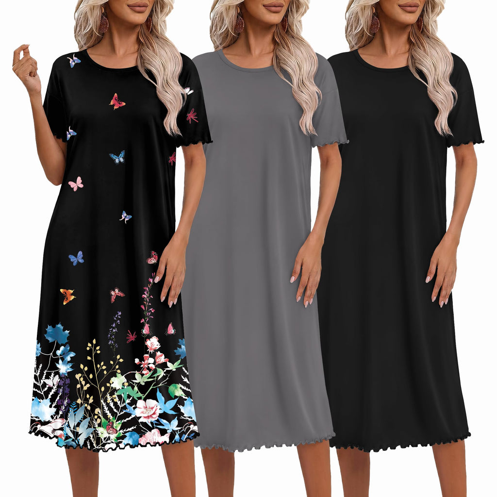Ekouaer 3 Pack Long Nightgowns for Women Ruffle House Dress
