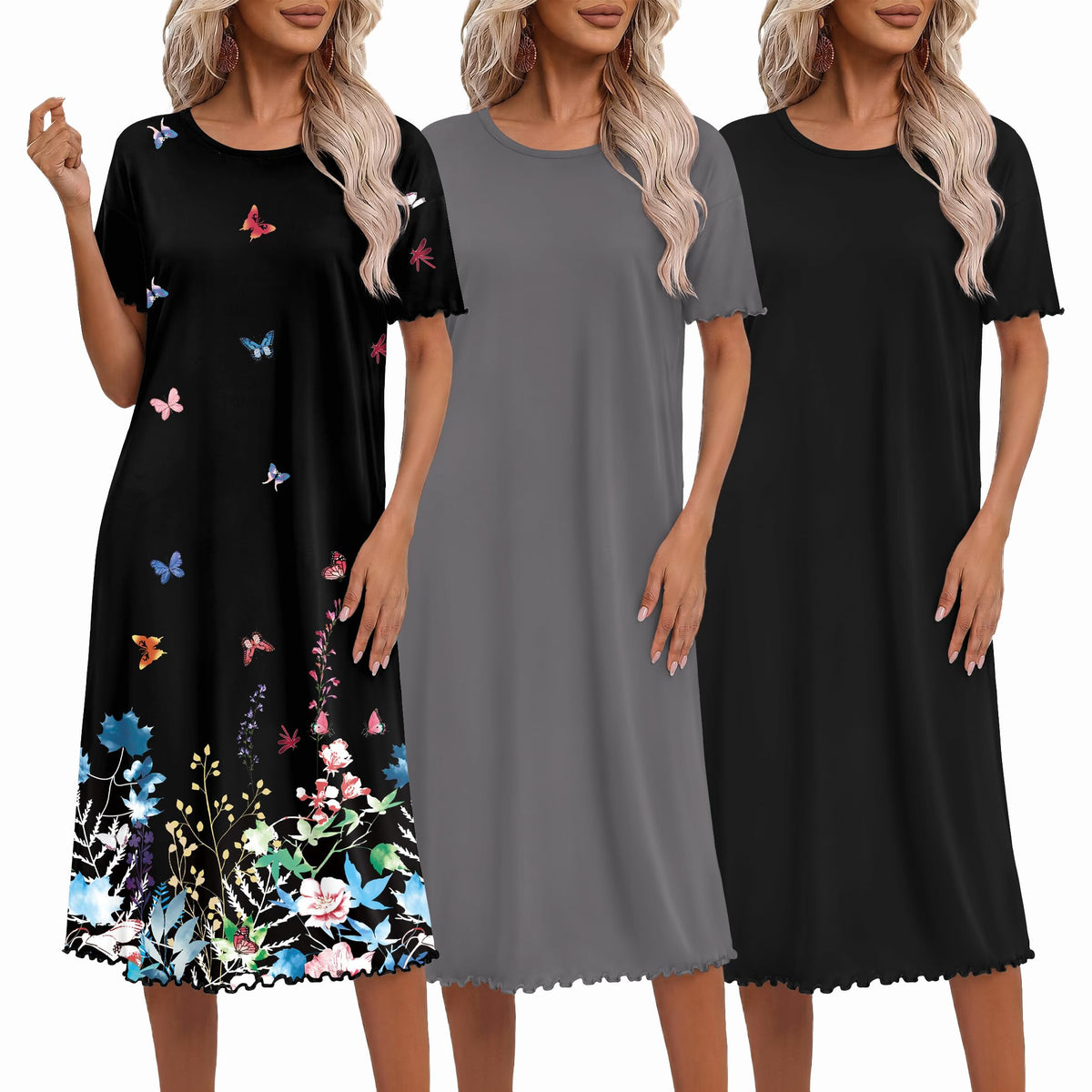 Ekouaer 3 Pack Long Nightgowns for Women Ruffle House Dress
