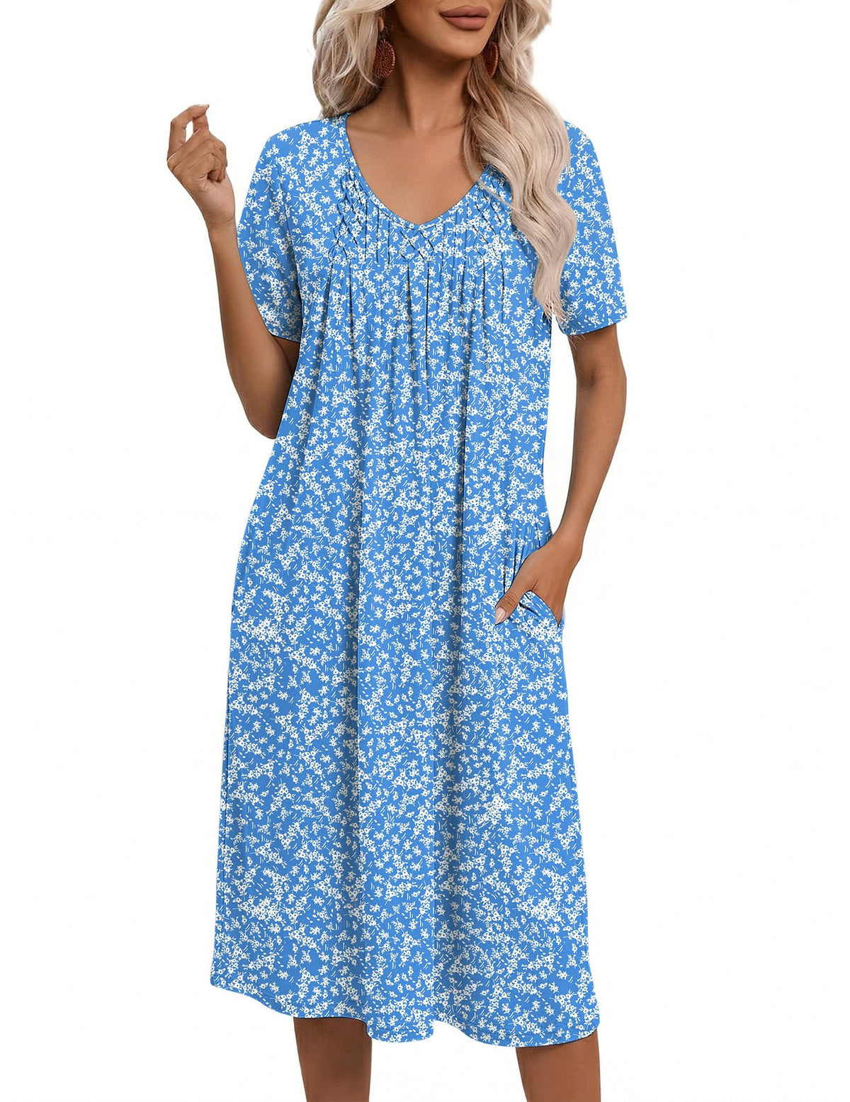 Ekouaer Nightgowns for Women with Pockets House Dress Pleated Night Gowns