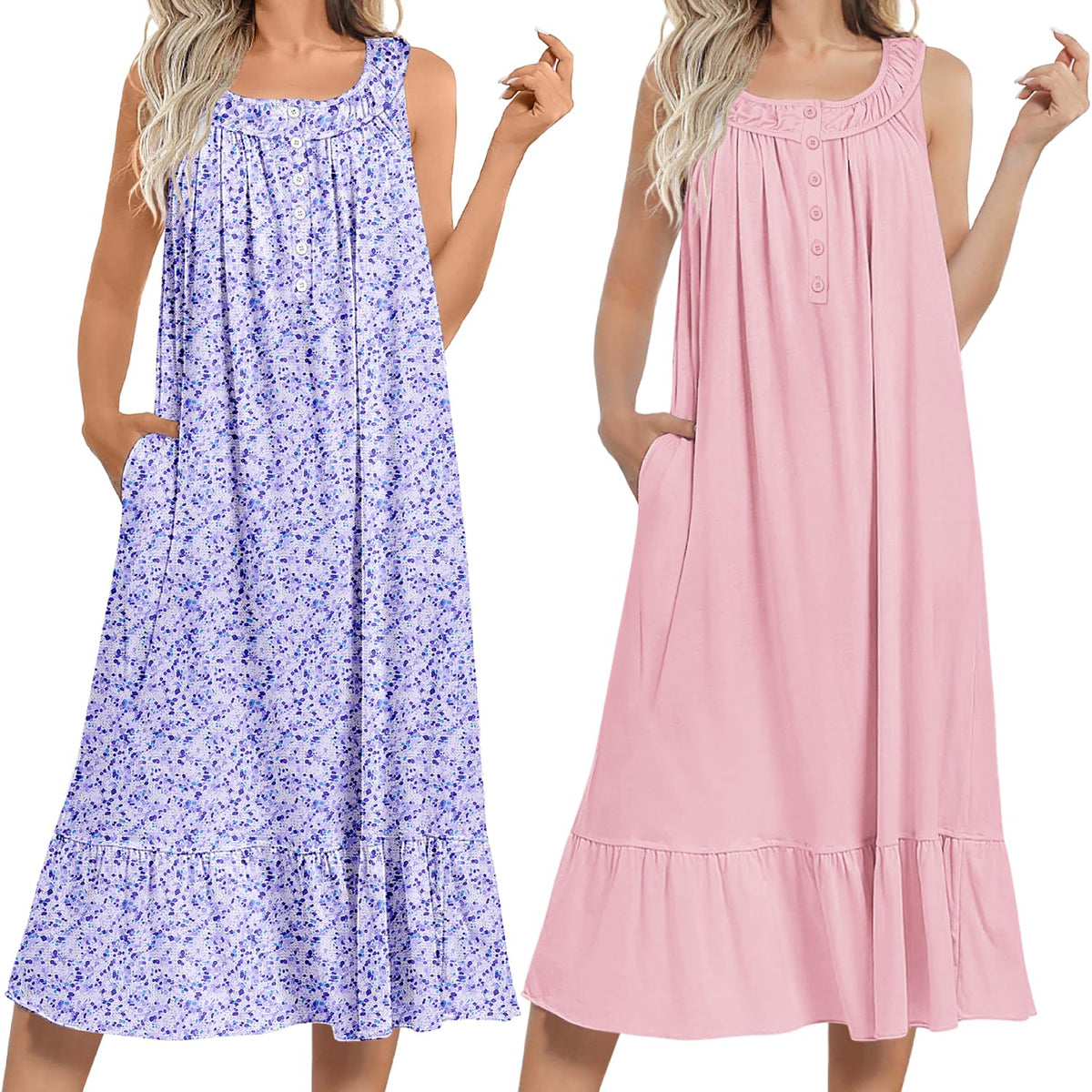 Ekouaer 2 Pack Nightgowns for Women Sleeveless Long Night Gowns Victorian Nightdress with Pockets Soft Ladies Gown