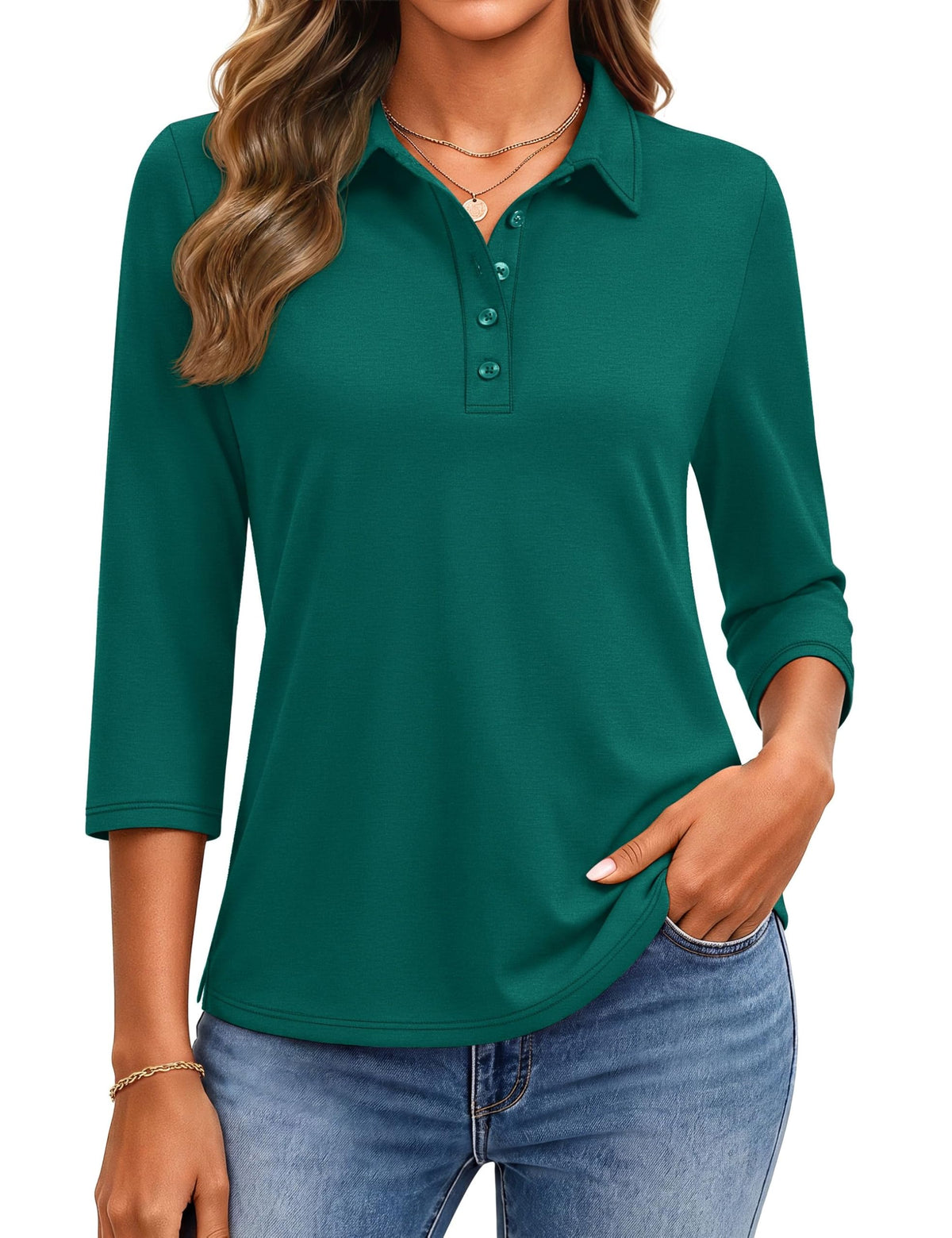 YUCOLEN Polo Shirts for Women 3/4 Sleeve Tops Golf Tees 5-Button Collared