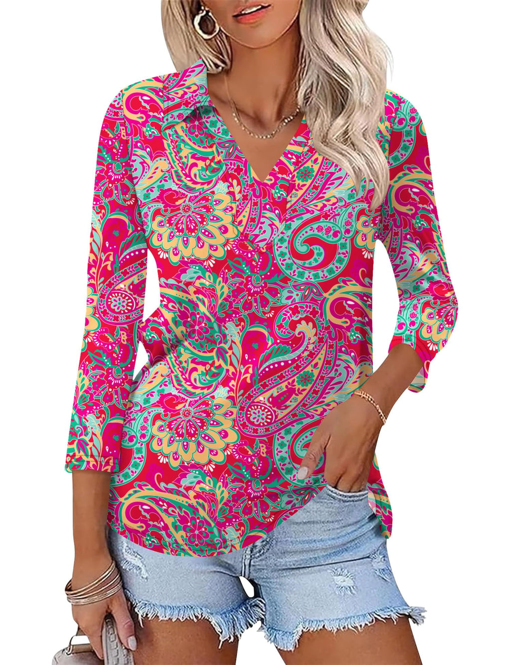 LOMON 3/4 Sleeve Womens Tops Summer Collared Polo Shirts V Neck Polos Tees