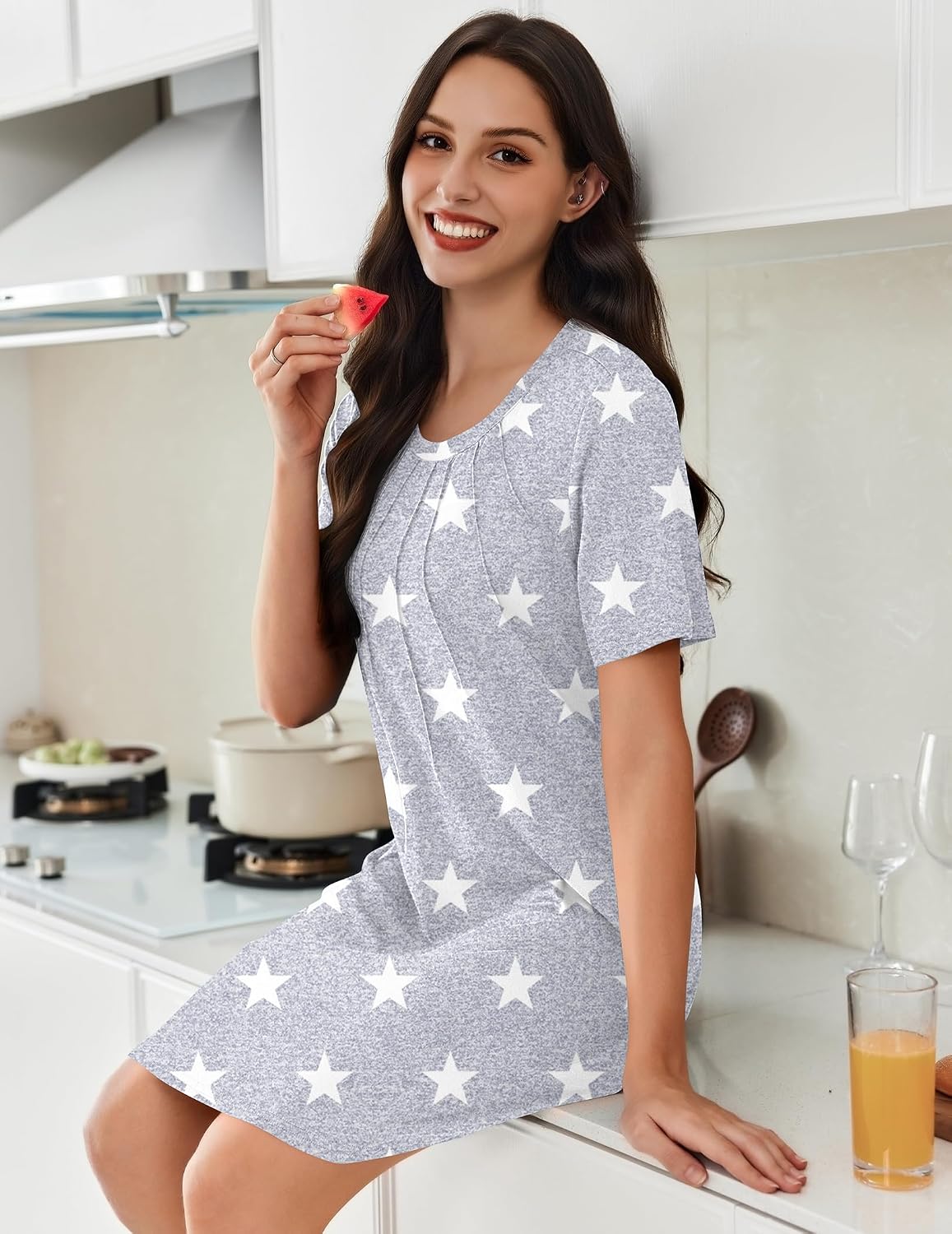 Ekouaer Nightgowns for Women Pleated Nightshirts Short Sleeve Sleepshirts