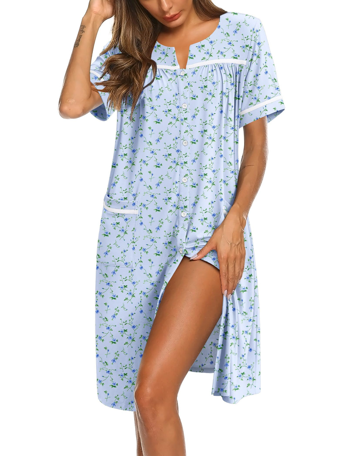 Ekouaer Nightgowns for Women House Dress with Pockets Button Down Sleepshirt Short Sleeve Nightshirt Housecoat