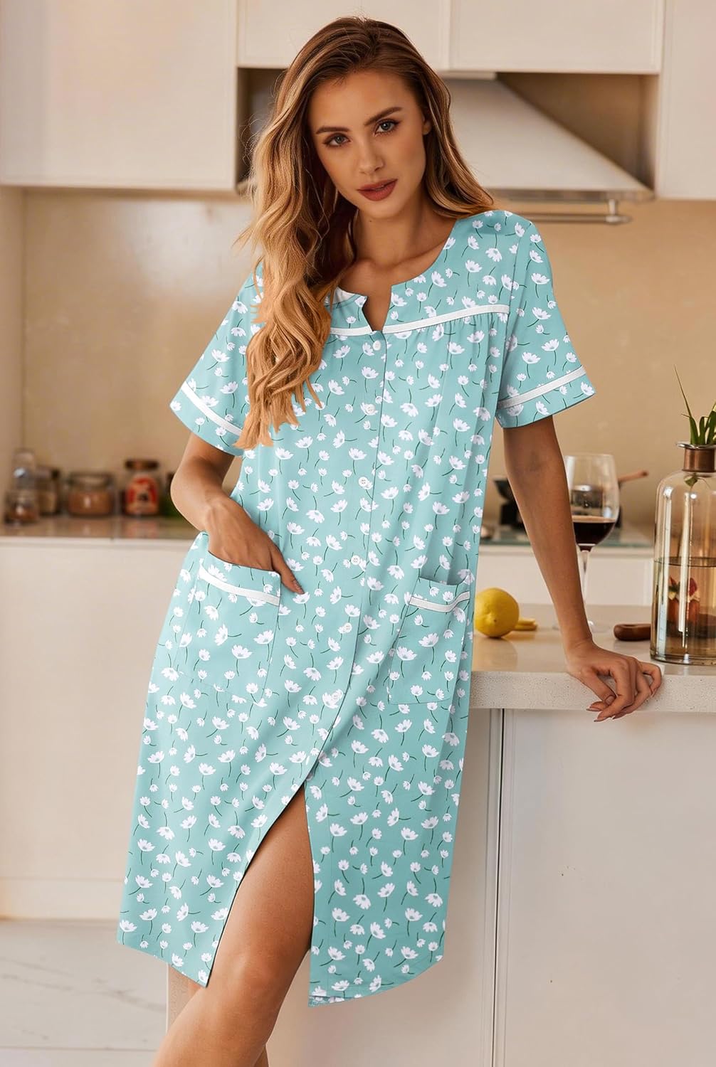 Ekouaer Nightgowns for Women House Dress with Pockets Button Down Sleepshirt Short Sleeve Nightshirt Housecoat