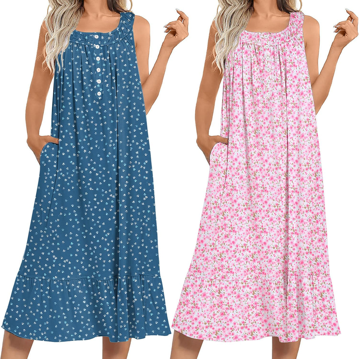 Ekouaer 2 Pack Nightgowns for Women Sleeveless Long Night Gowns Victorian Nightdress with Pockets Soft Ladies Gown
