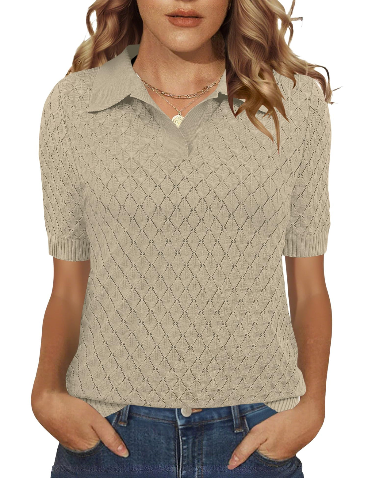 Rapbin Womens Short Sleeve Knit Polo Shirts Summer Spring Sweater Tops