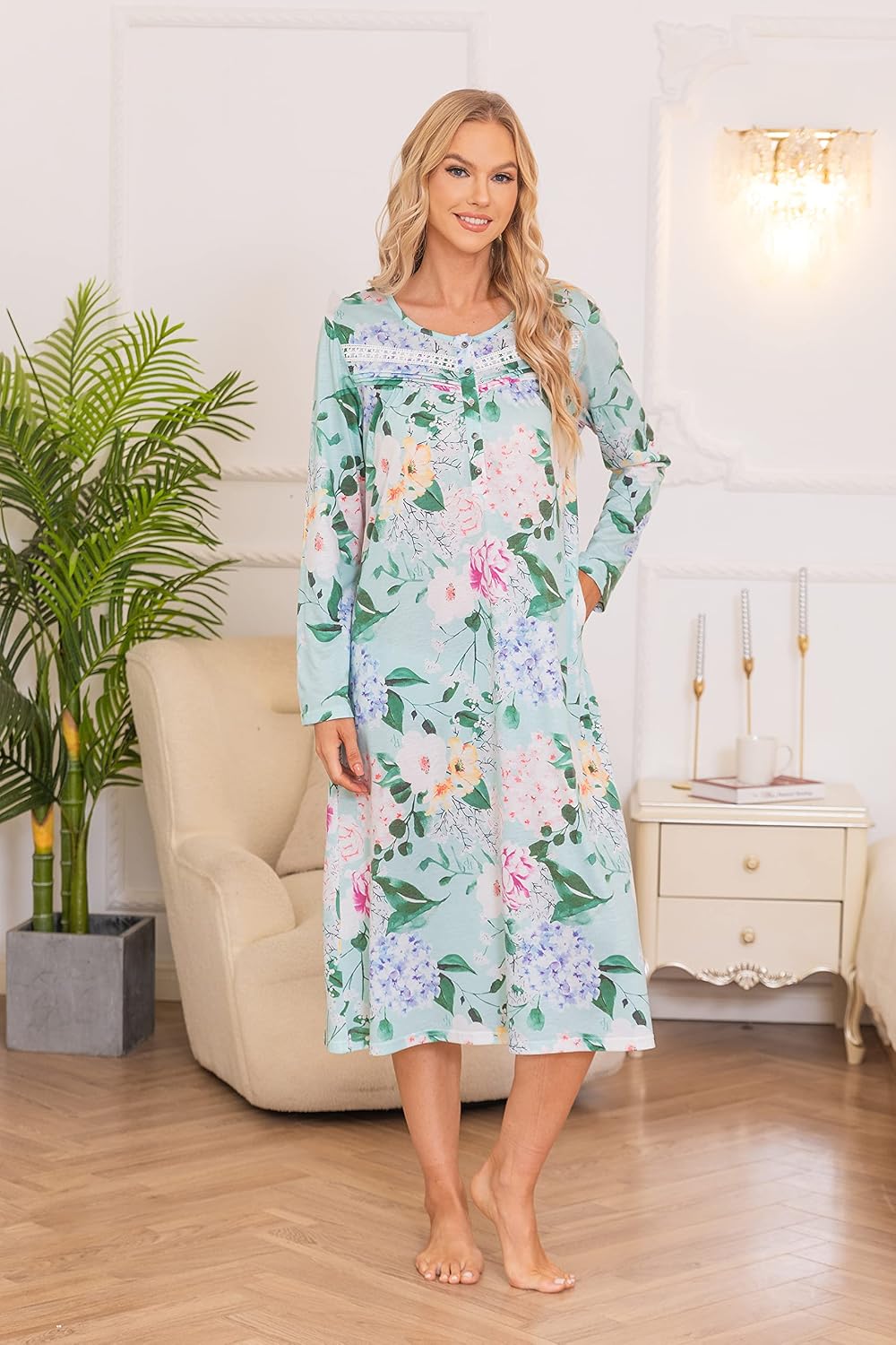 YOZLY Nightgowns for Women Soft Cotton Long Sleeve Night Gwon with Pockets