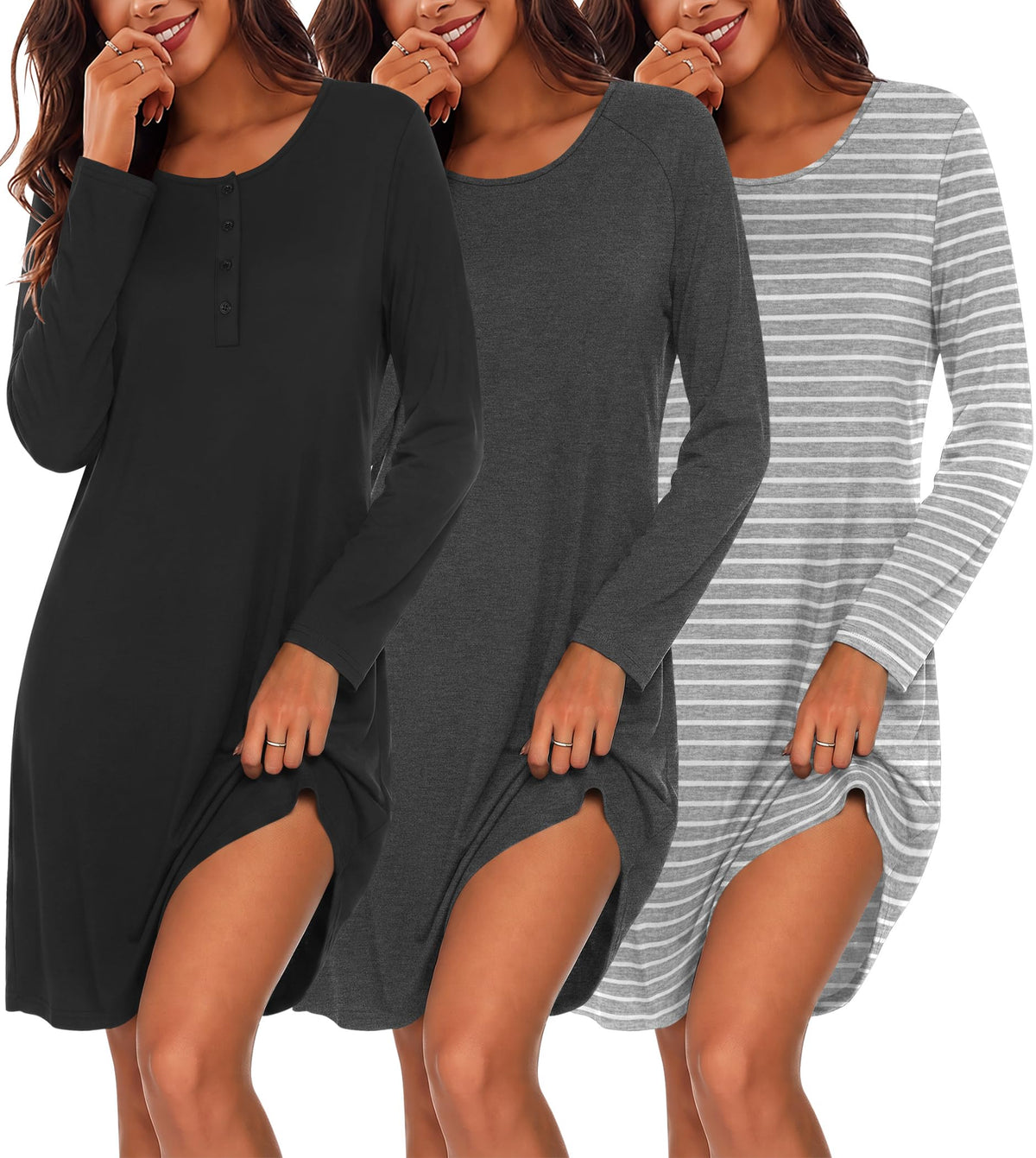 Ekouaer 3 Pack Nightgowns for Women Long Sleeve Sleepshirt Soft Nightshirt