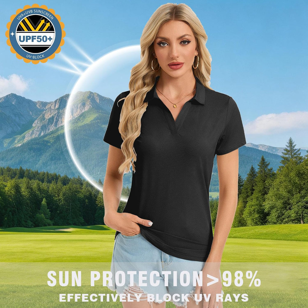 Womens Polo Shirts Short Sleeve V Neck Business Casual Work Tops Quick Dry UPF 50+ Sun Protection Golf Shirt Fitted Collared