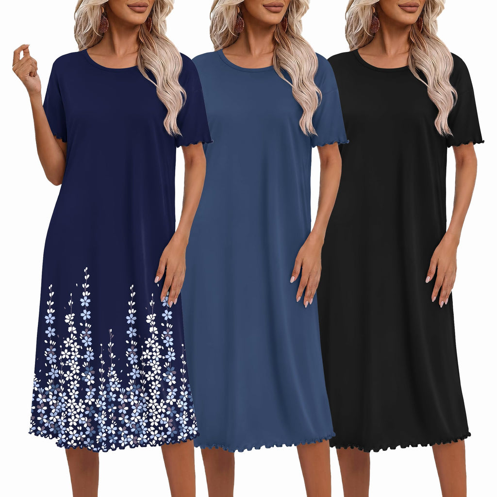 Ekouaer 3 Pack Long Nightgowns for Women Ruffle House Dress
