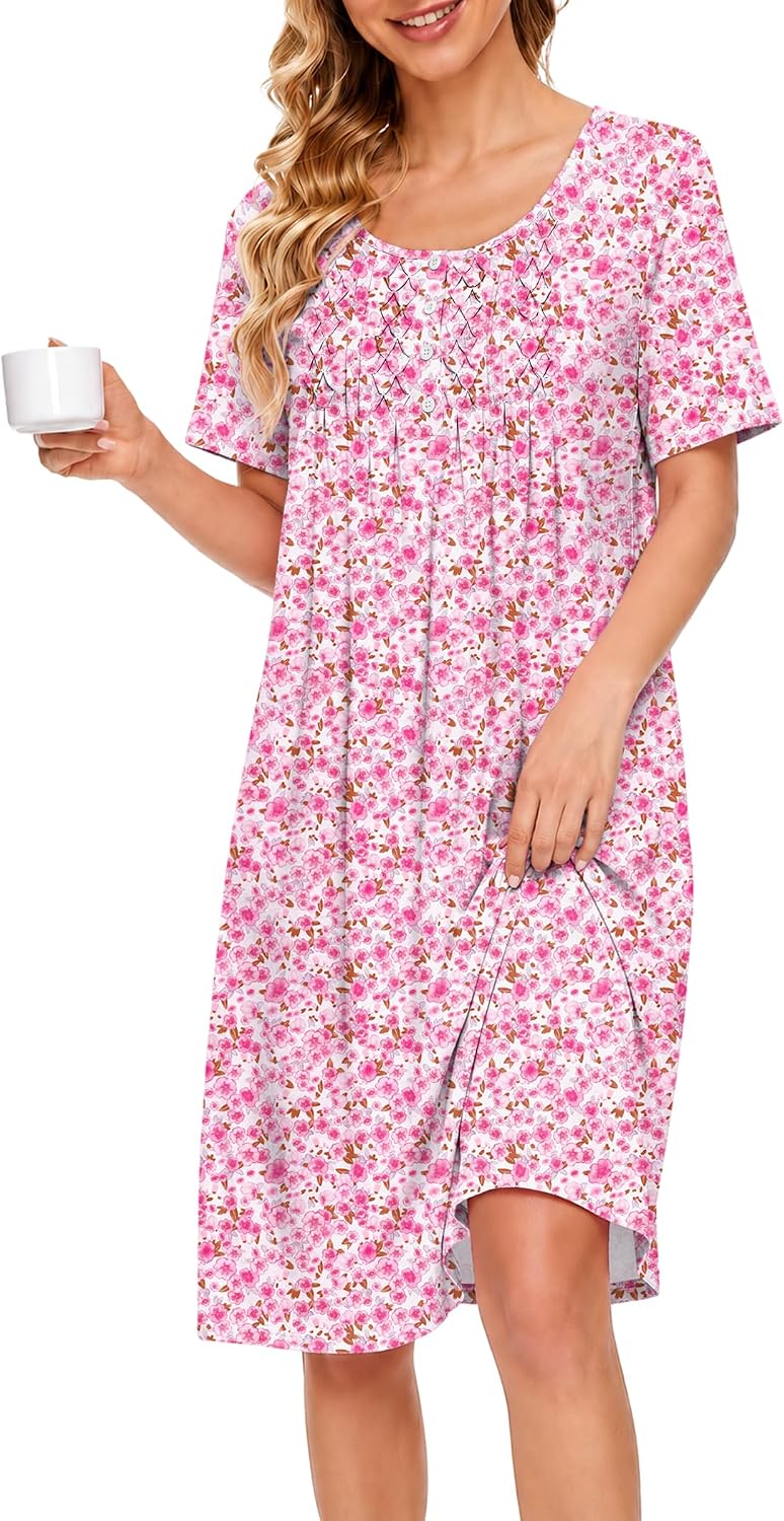 Ekouaer Cotton Nightgowns for Women Short Sleeve House Dress Pleated Moomoo