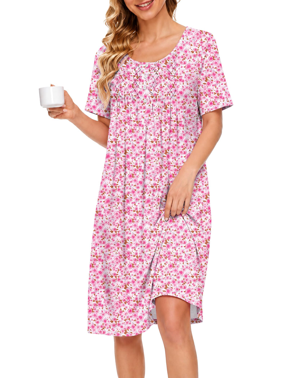 Ekouaer Cotton Nightgowns for Women Short Sleeve House Dress Pleated Moomoo