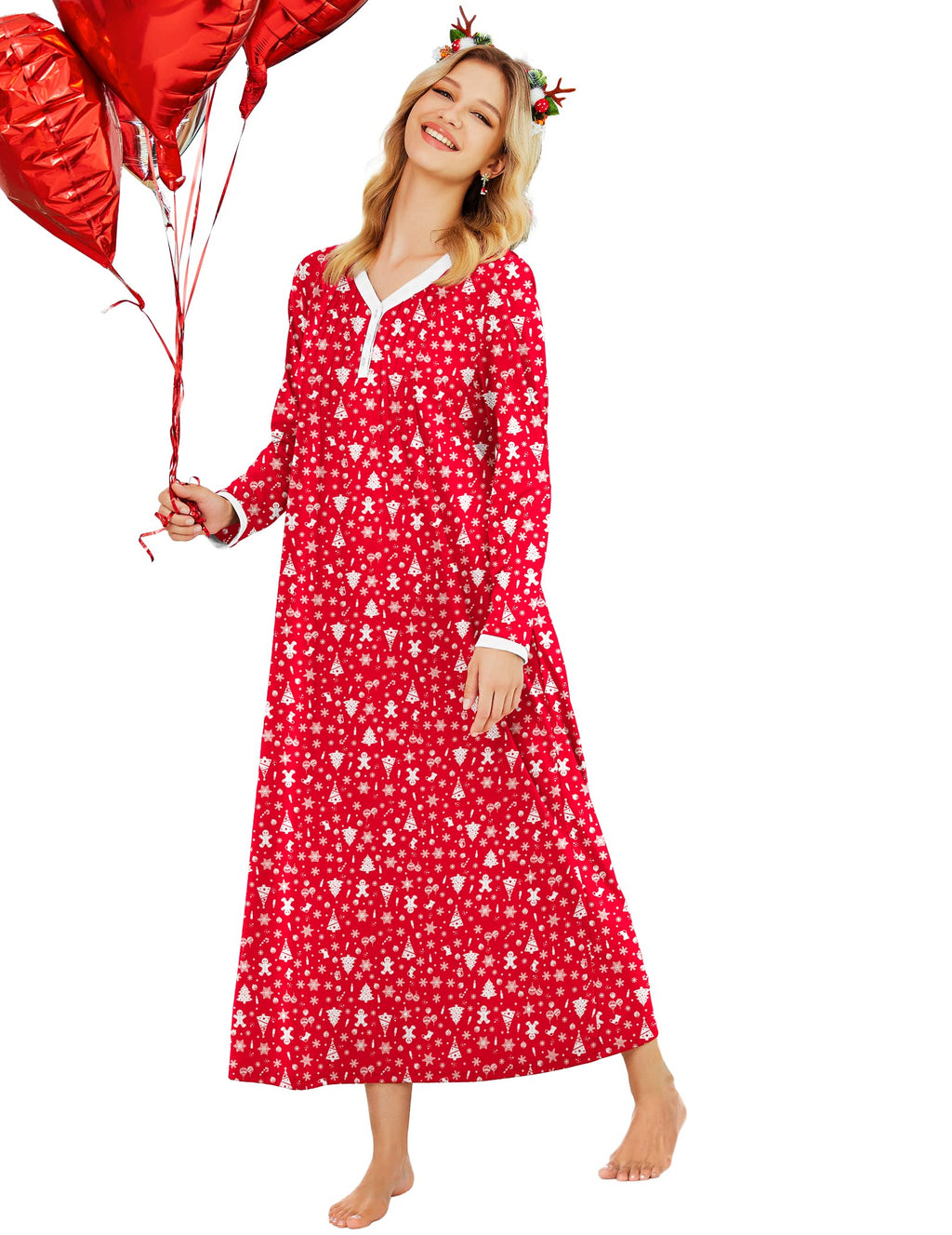 Ekouaer Women's Long Sleeve Nightgown Full Length Sleepwear Long Sleepshirts Henley Sleep Dress