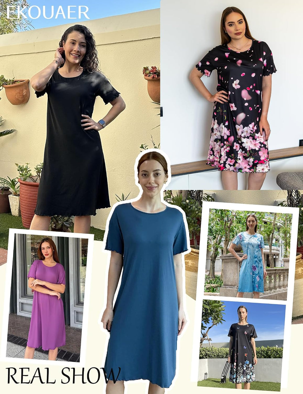 Ekouaer 3 Pack Long Nightgowns for Women Ruffle House Dress