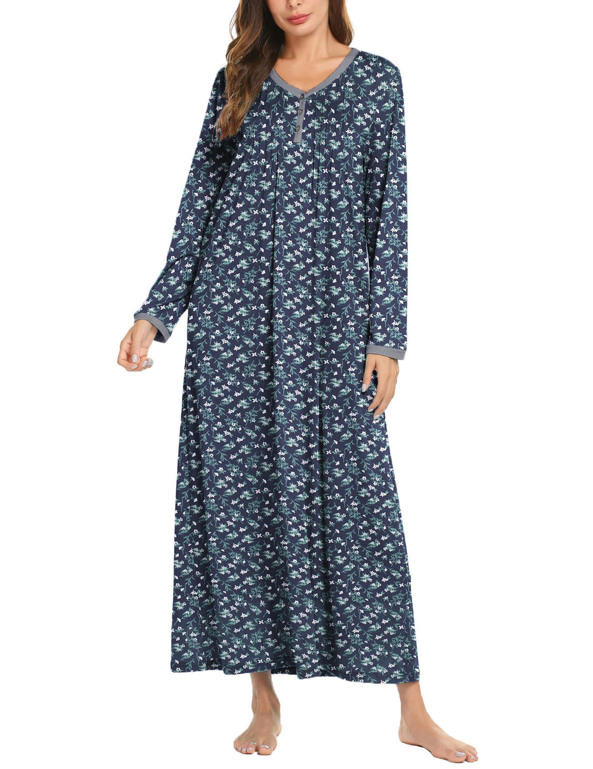 Ekouaer Women's Long Sleeve Nightgown Full Length Sleepwear Long Sleepshirts Henley Sleep Dress