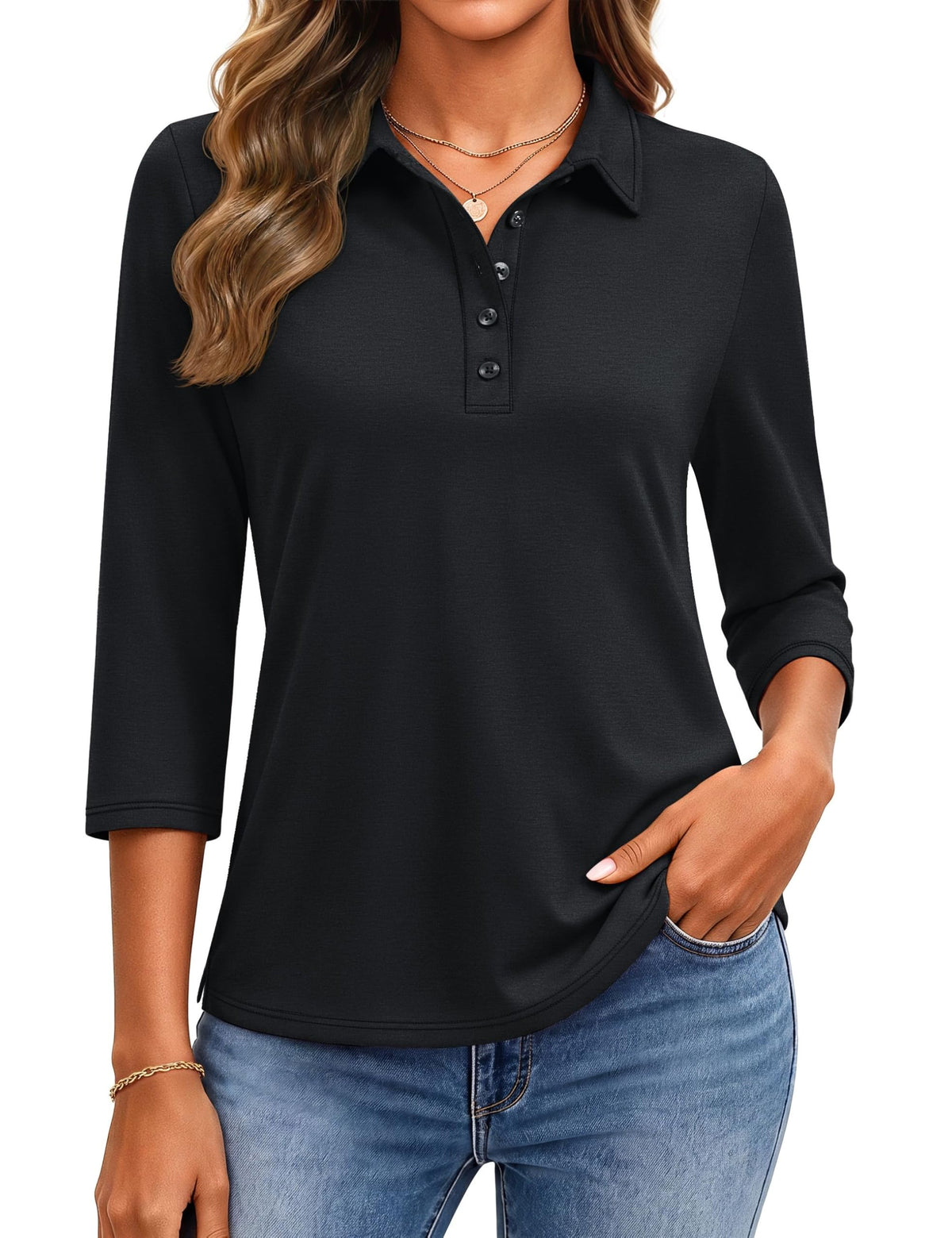 YUCOLEN Polo Shirts for Women 3/4 Sleeve Tops Golf Tees 5-Button Collared