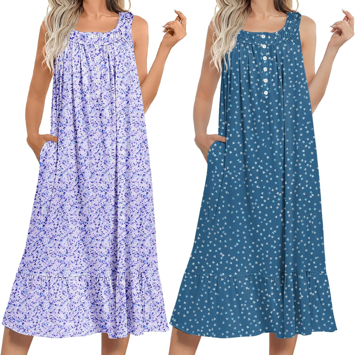 Ekouaer 2 Pack Nightgowns for Women Sleeveless Long Night Gowns Victorian Nightdress with Pockets Soft Ladies Gown