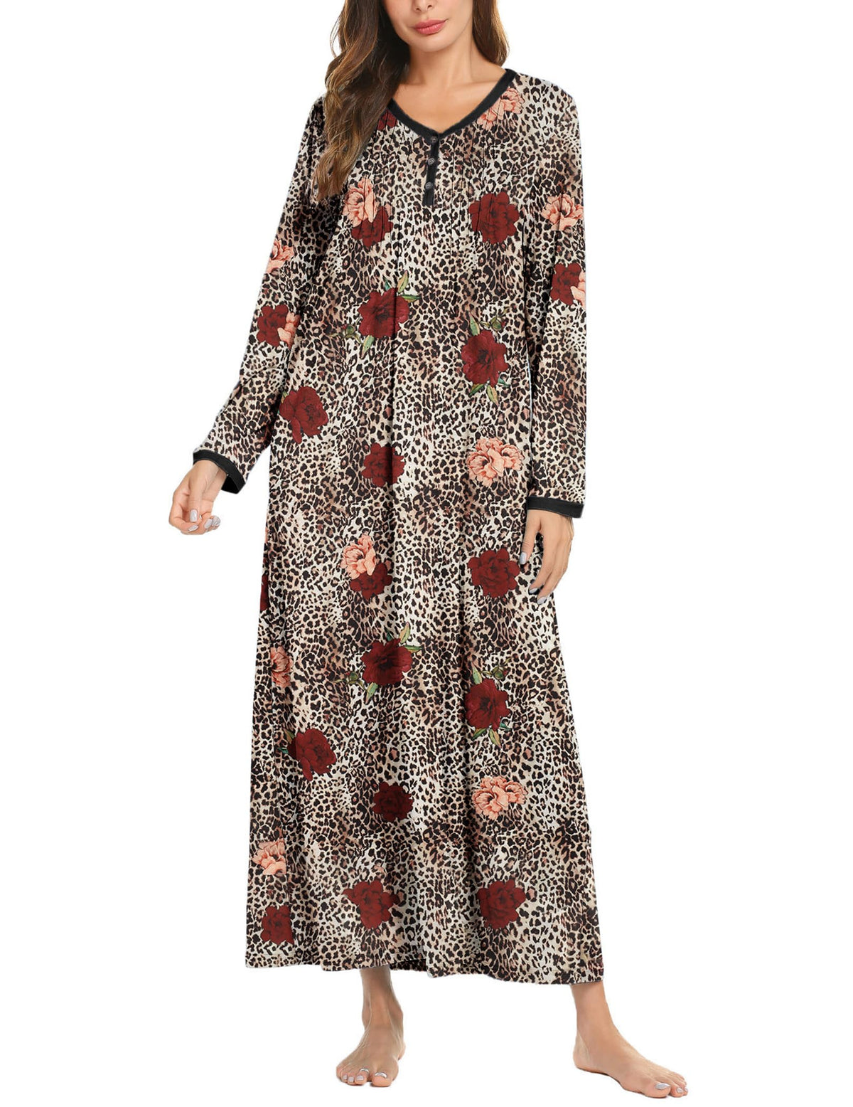 Ekouaer Women's Long Sleeve Nightgown Full Length Sleepwear Long Sleepshirts Henley Sleep Dress