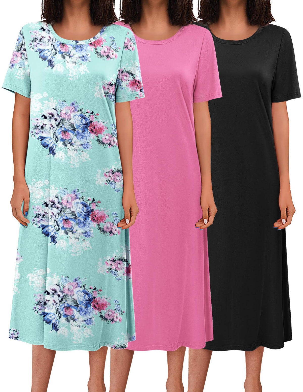 Ekouaer 3 Pack Long Nightgowns for Women House Dress Plus Size Nightshirt