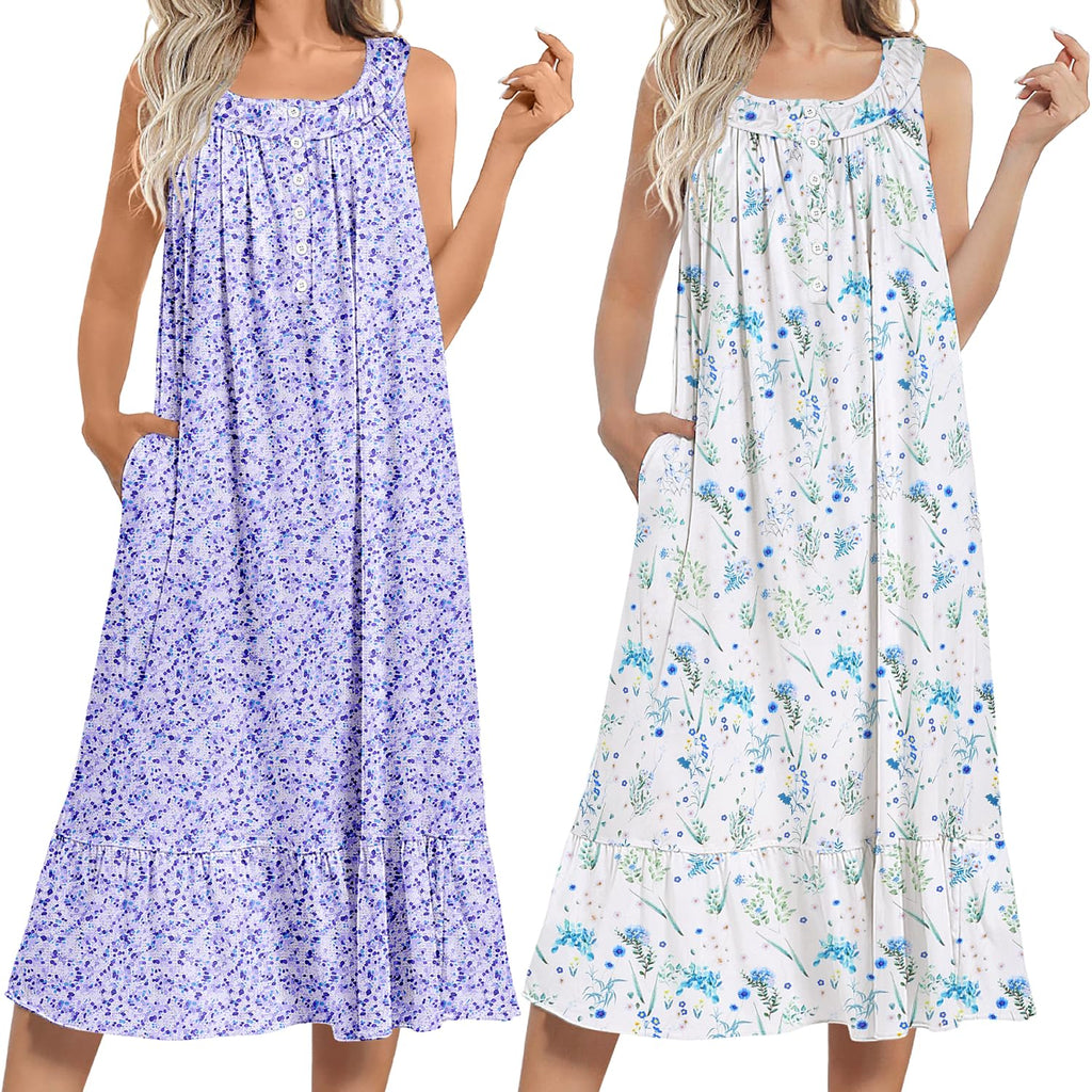 Ekouaer 2 Pack Nightgowns for Women Sleeveless Long Night Gowns Victorian Nightdress with Pockets Soft Ladies Gown