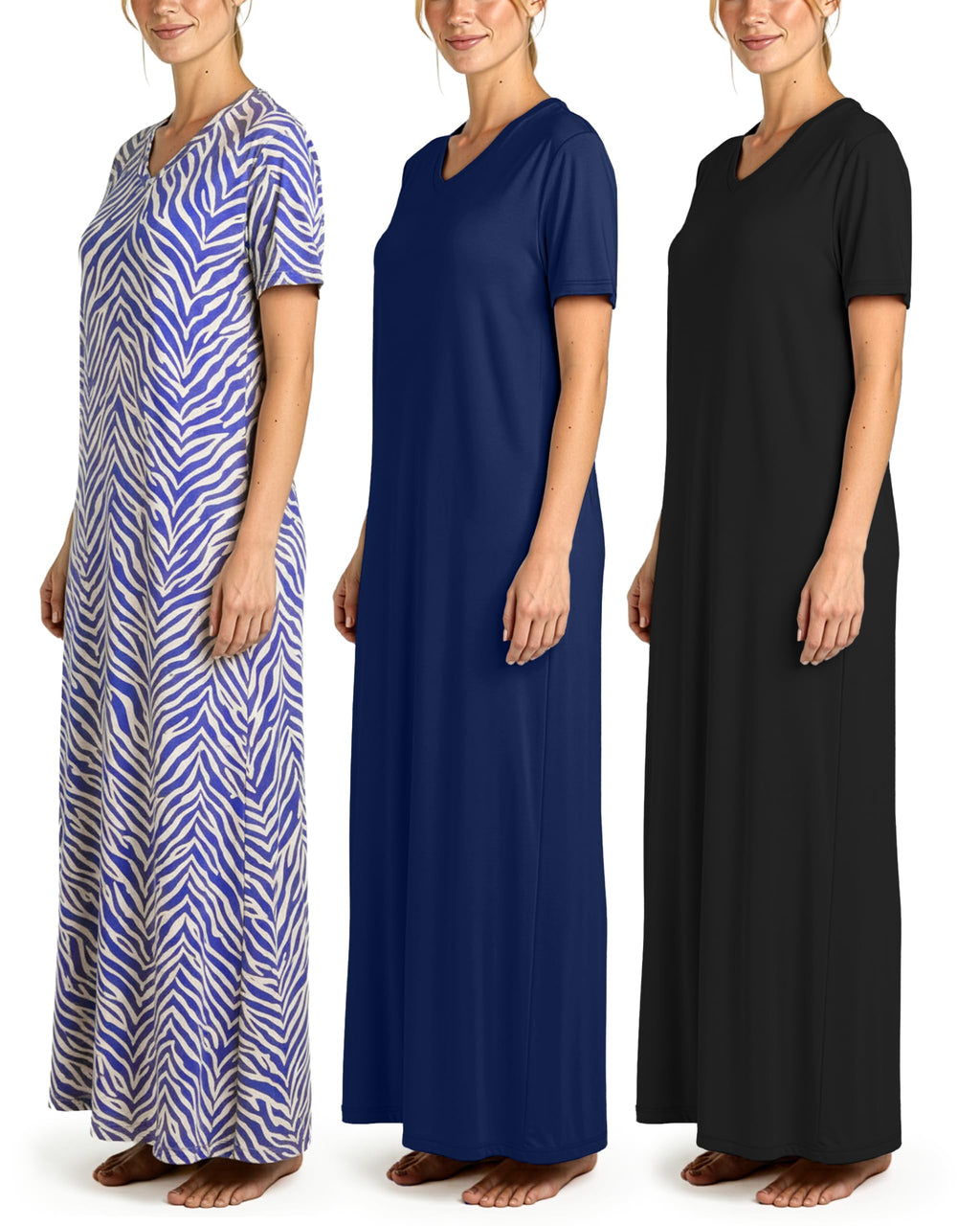 3 Pack Women's Maxi Long Nightgowns Short Sleeve Night Shirt PJ Sleep Dress
