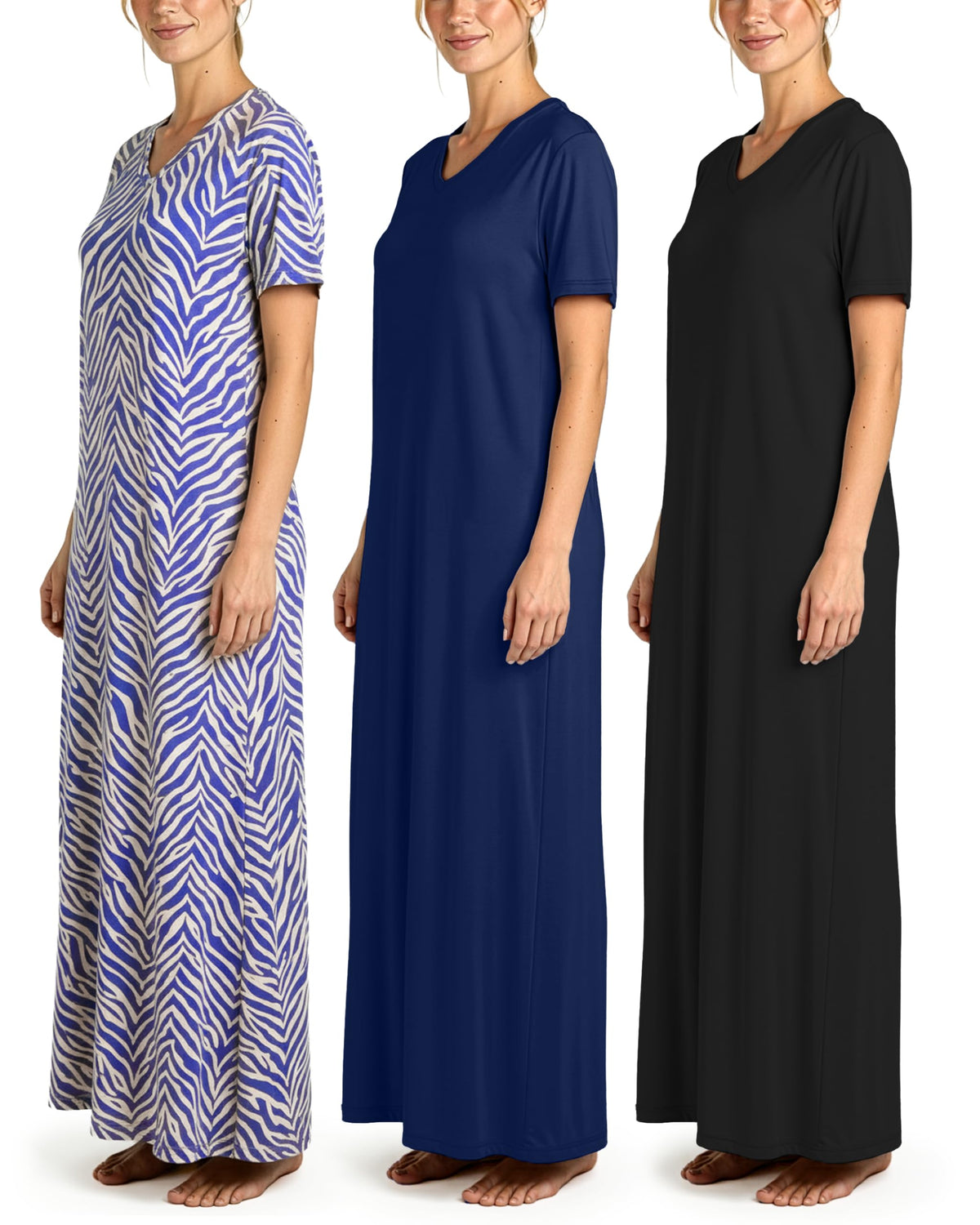 3 Pack Women's Maxi Long Nightgowns Short Sleeve Night Shirt PJ Sleep Dress