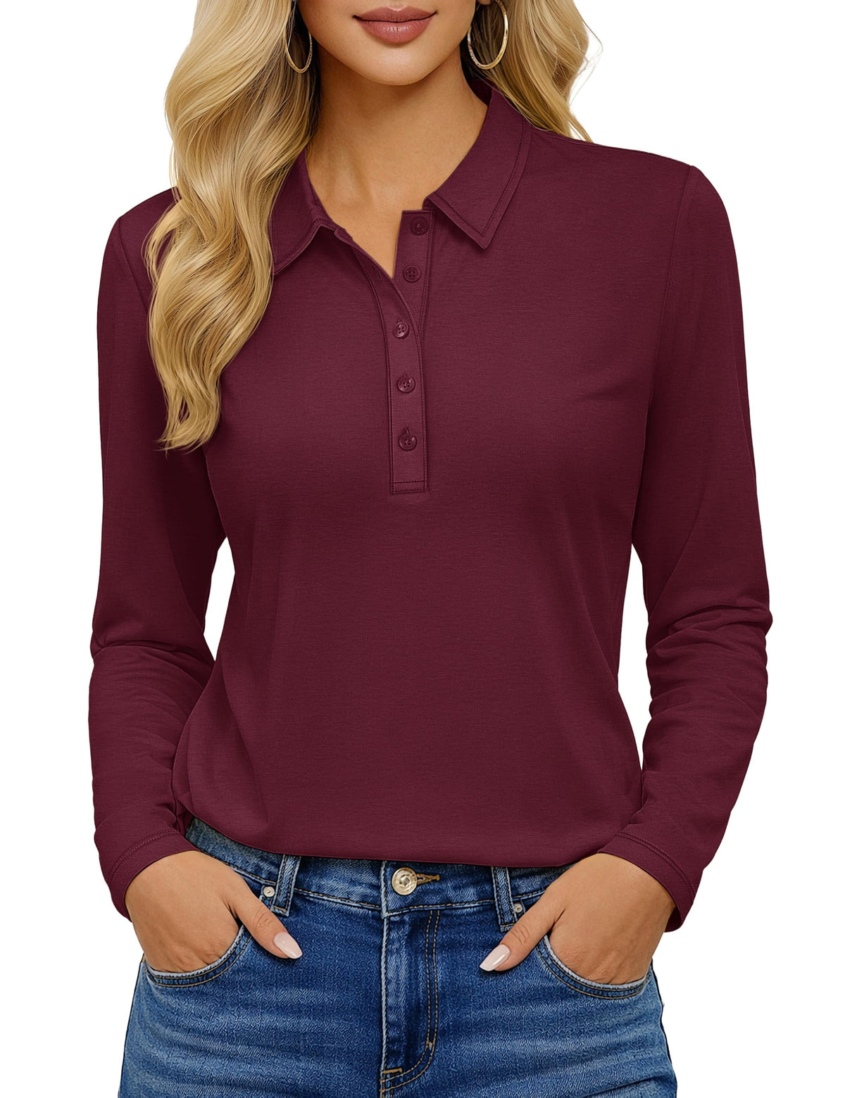 YUCOLEN Long Sleeve Polo Shirts for Women 5-Button Collared Golf Tops