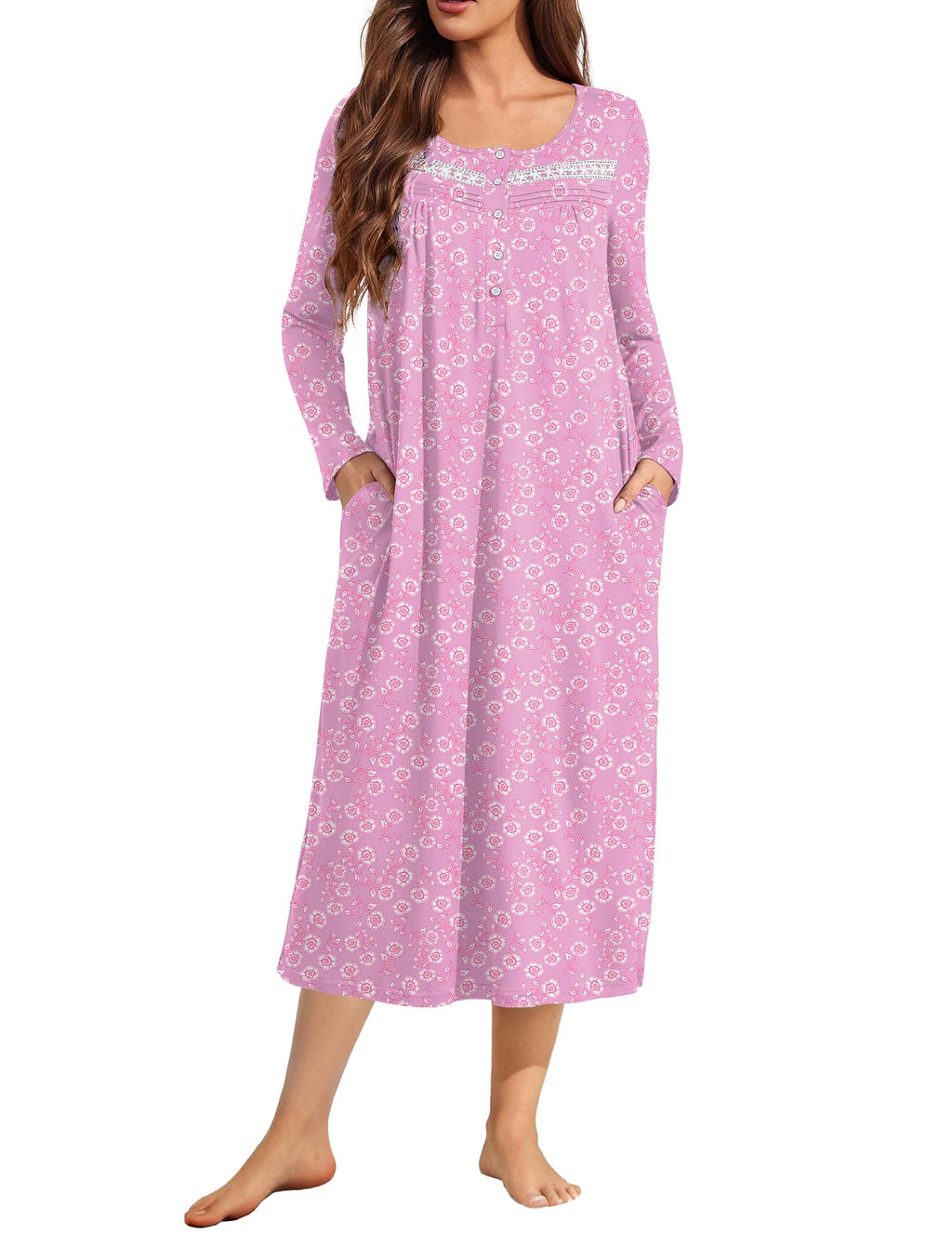 Ekouaer Long Sleeve Nightgown for Women Long Henley House Dress with Pocket