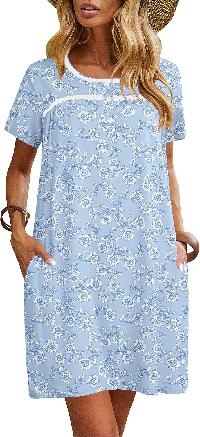 Ekouaer Women Nightgowns Short Sleeve Sleepwear Soft Nightshirt Pajamas