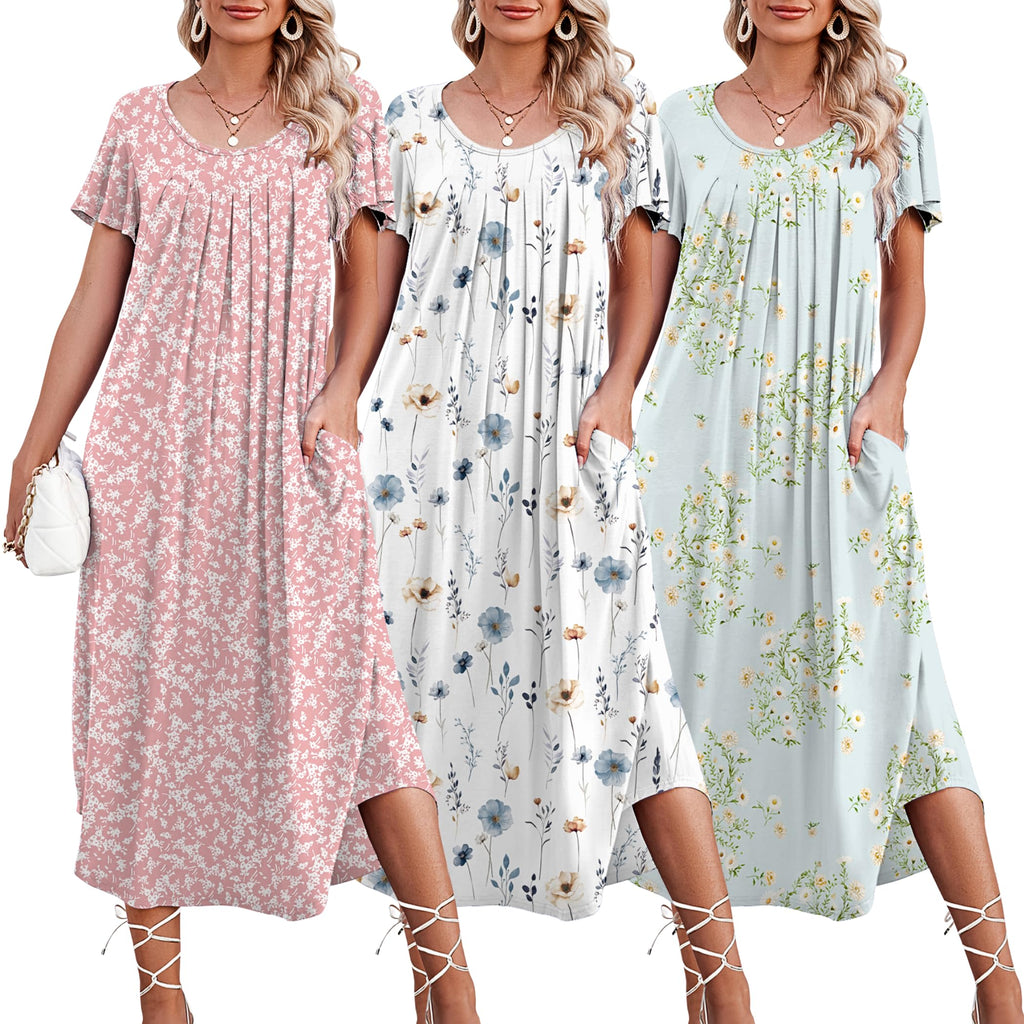 Ekouaer 3 Pack Long Nightgowns for Women House Dress with Pocket Moo Moos