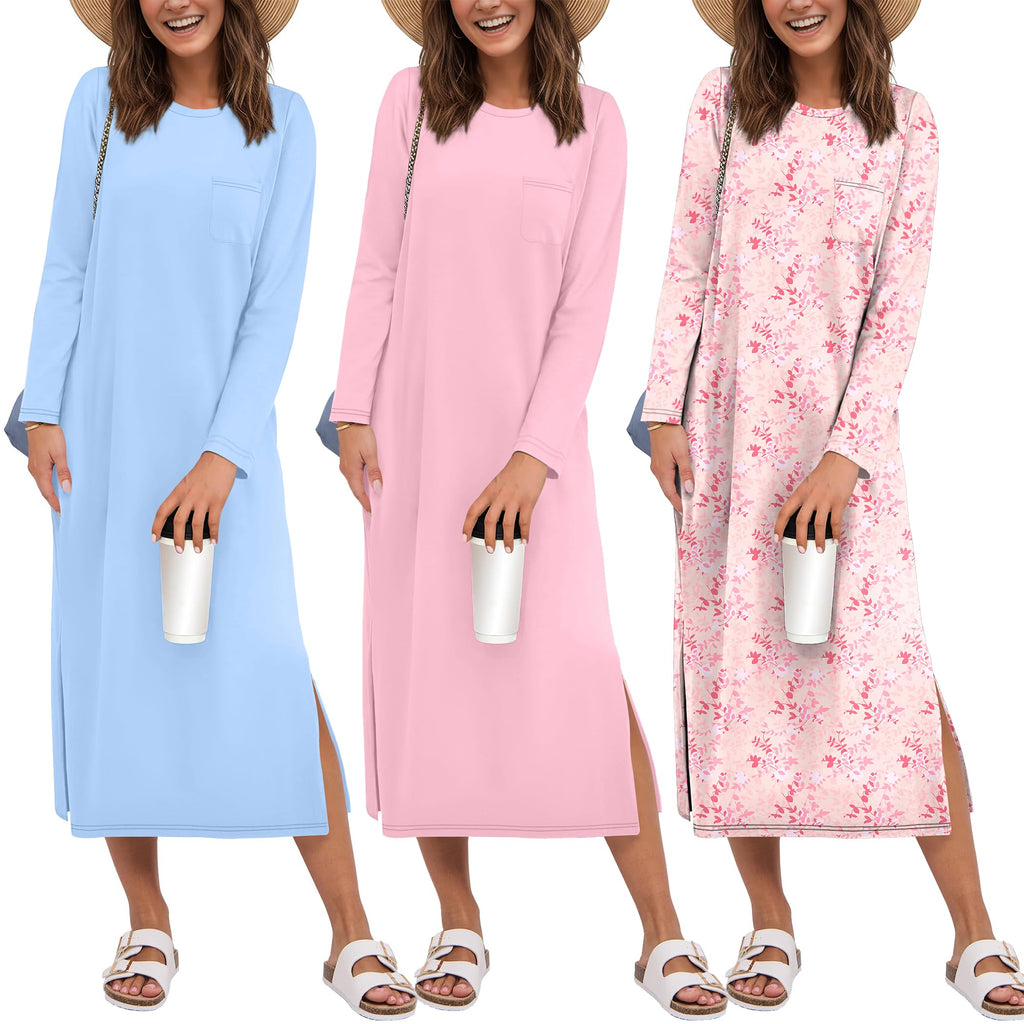 Ekouaer 3 Pack Long Sleeve Full Length Chest Pocket Nightgowns for Women