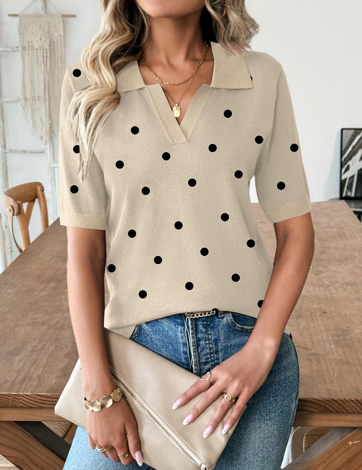 Zeagoo Womens Polo Sweater Short Sleeve V Neck Knitted Business Casual Tops