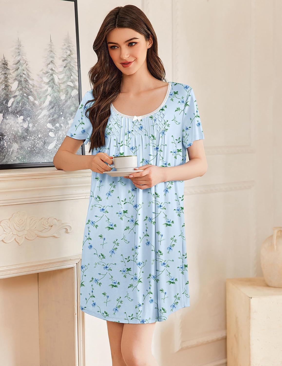 Ekouaer Nightgowns for Women Pleated Sleep Shirts Short Sleeve Night Shirts