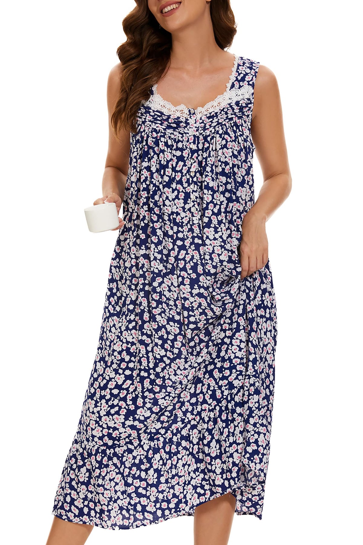 AVIIER Cotton Nightgowns for Women Sleeveless House Dress Ladies Long Nightdress with Pockets S-XXL