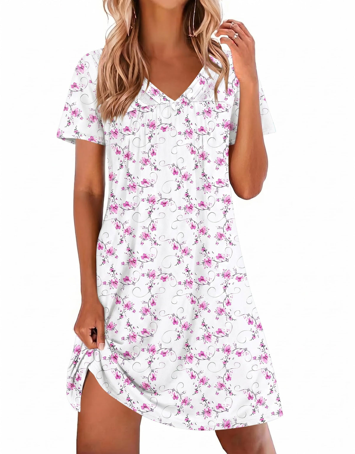 Ekouaer Nightgowns for Women V Neck Sleepshirt Short Sleeve Nightdress Lace Trim Night Gown House Dress with Pockets
